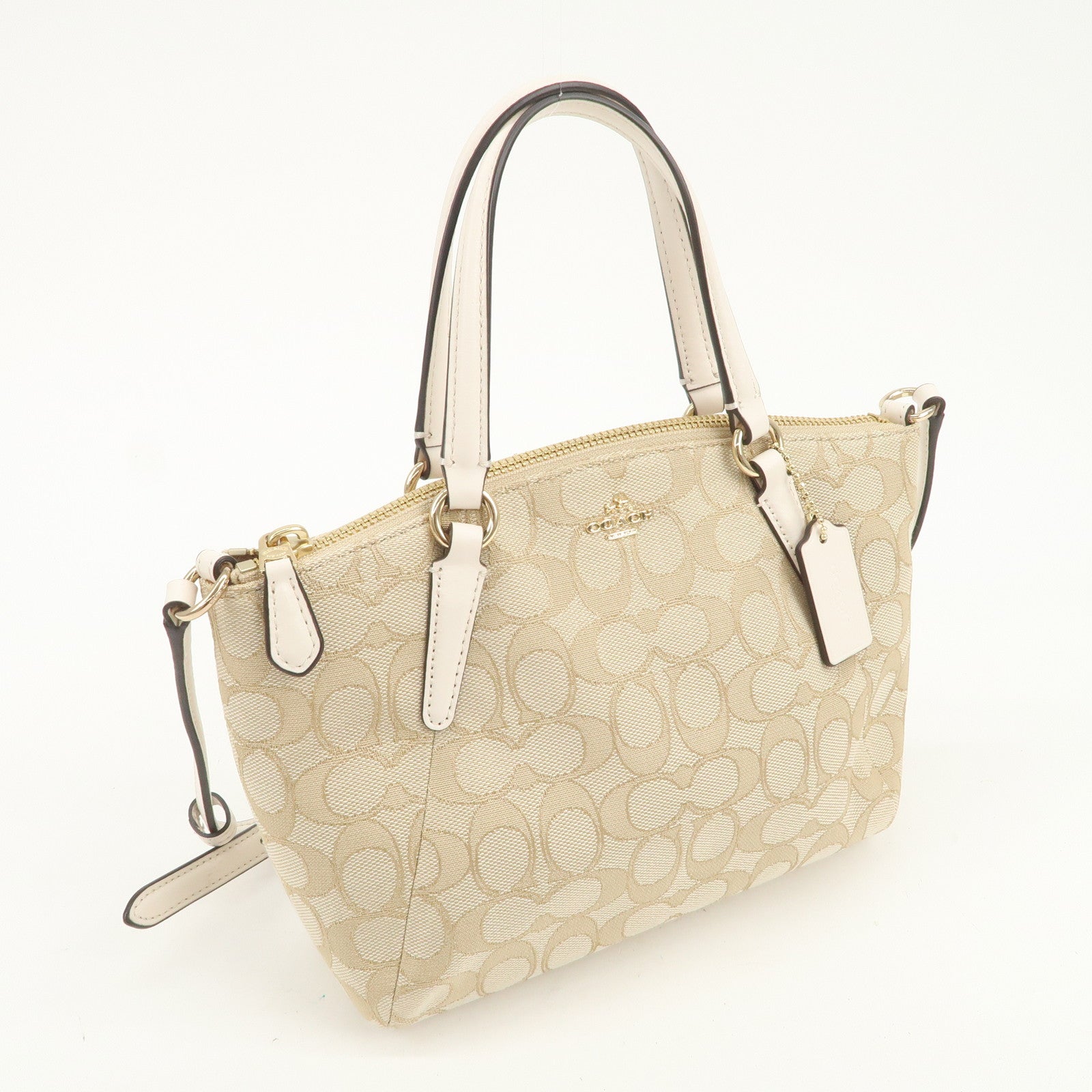 COACH Signature Canvas Leather 2Way Shoulder Bag Hand Bag Beige