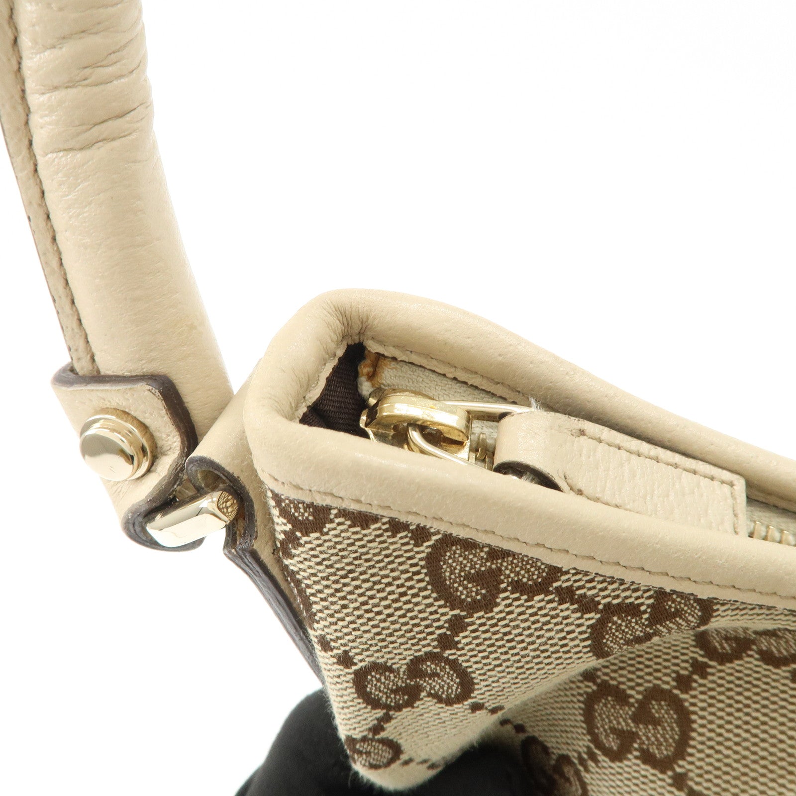 GUCCI Abbey Leather GG Canvas Shoulder Bag Beige Ivory 130737