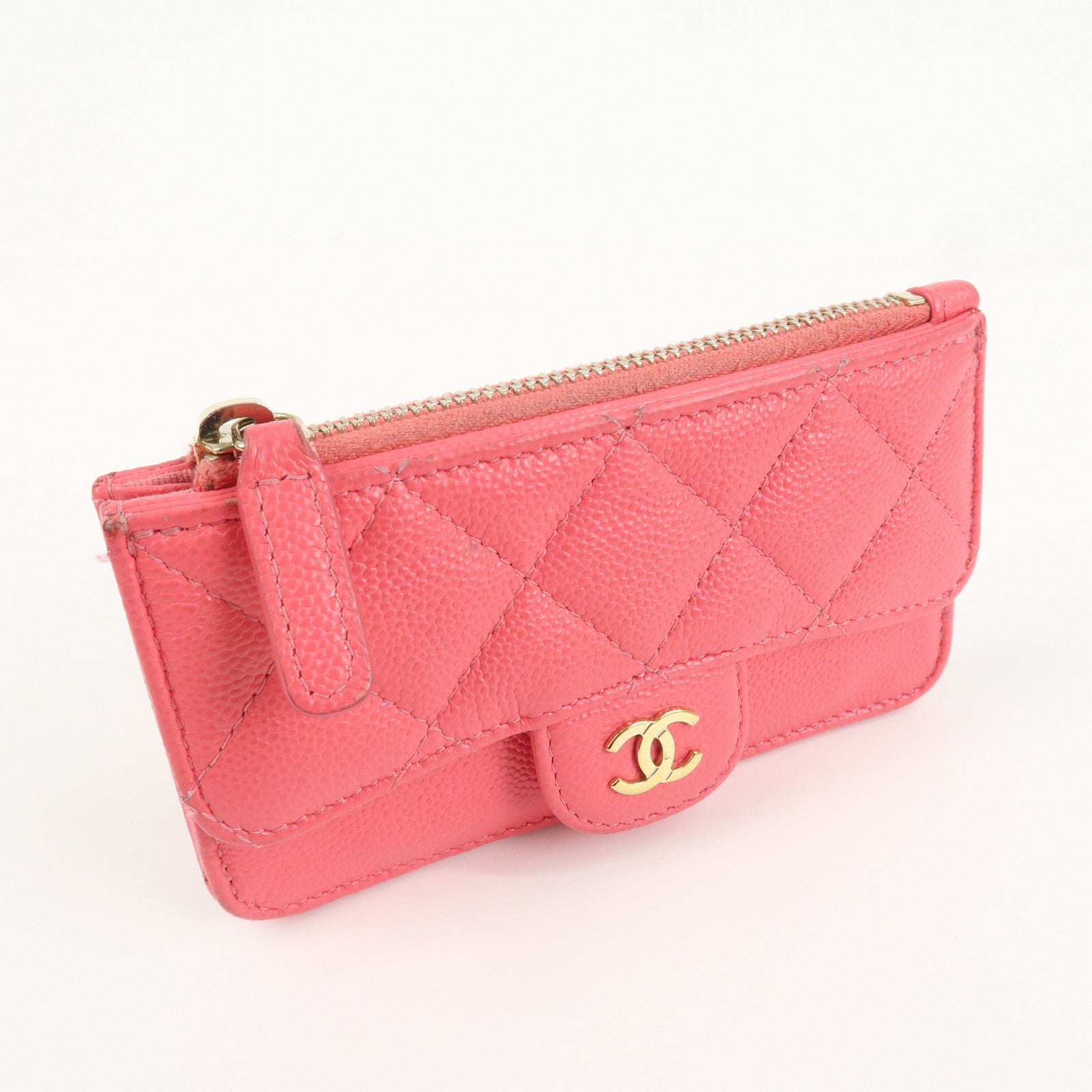 CHANEL Matelasse Caviarskin Card Case Coin Case Pink AP2570 Used