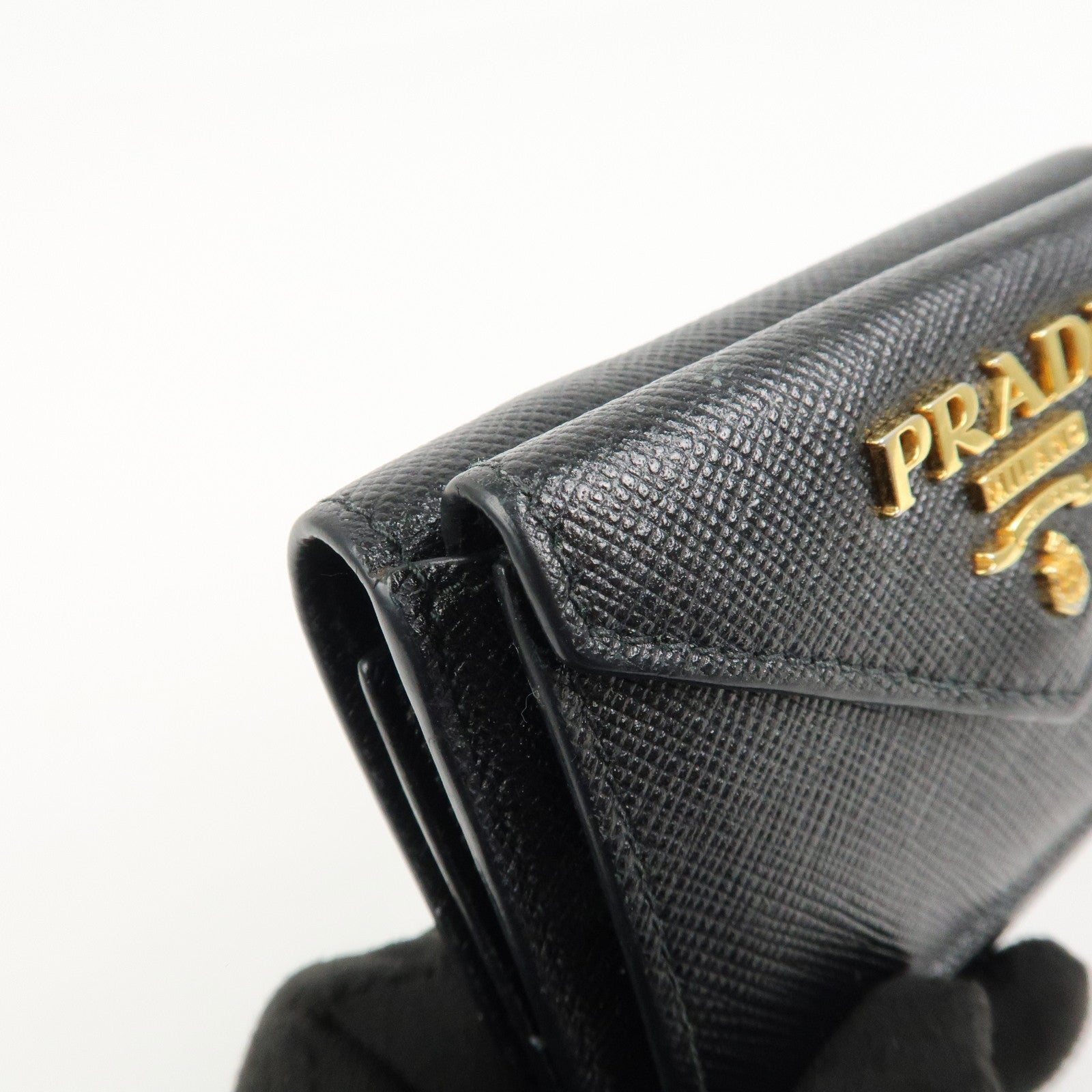 PRADA Logo Saffiano Metal Tri-fold Small Wallet Black 1MH021