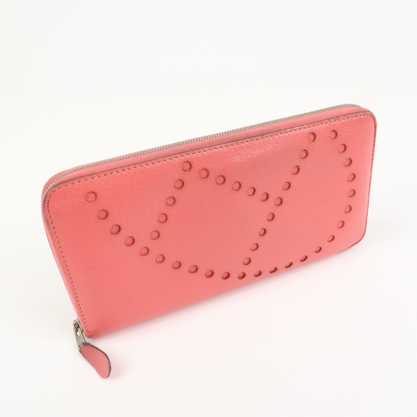HERMES Evelyne Azap Leather 笆。P Stamped Round Zippy Long Wallet Pink