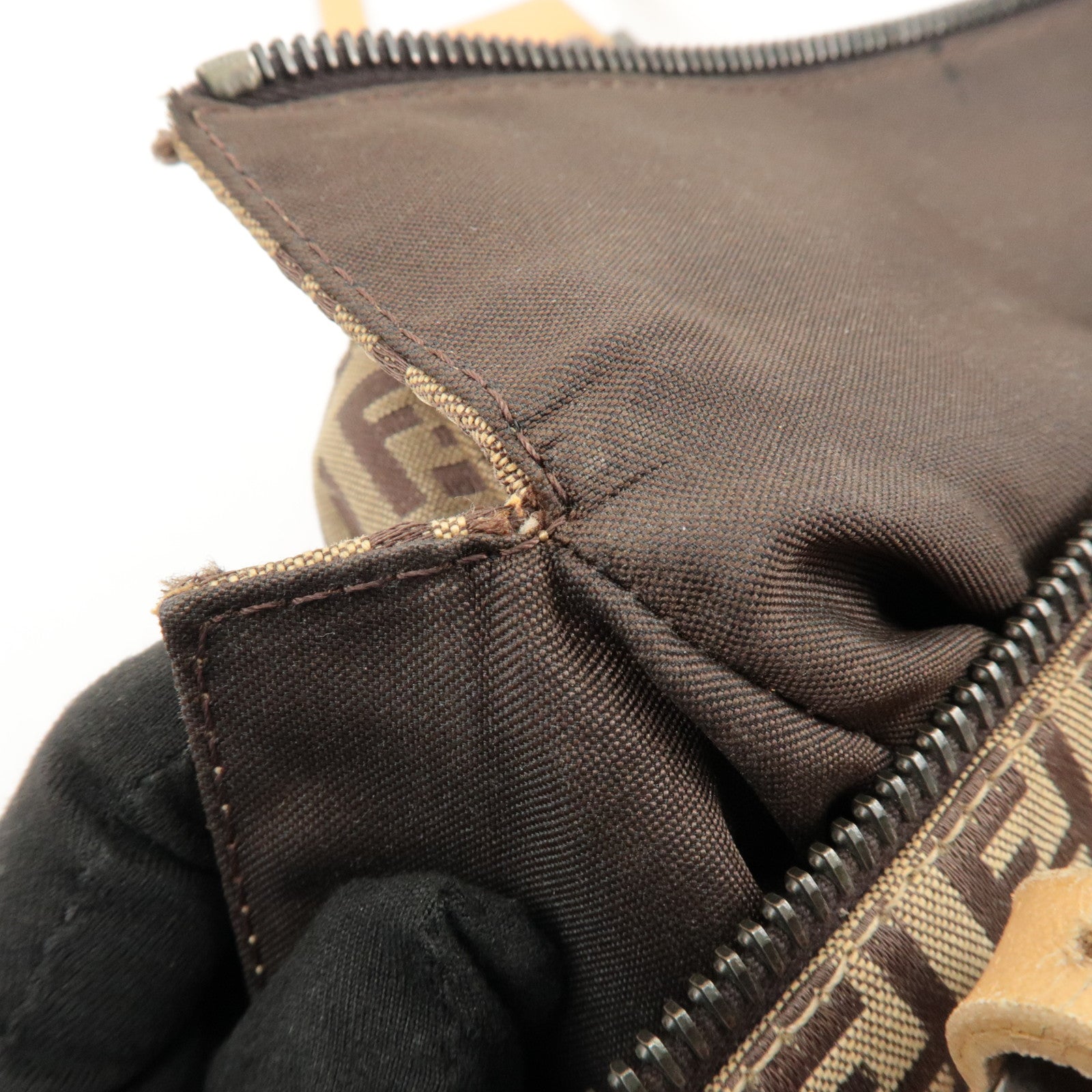 FENDI Zucchino Canvas Leather Shoulder Bag Hand Bag Brown 8BL000 Used