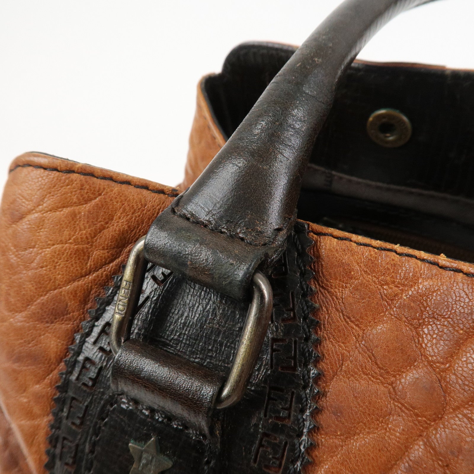 FENDI Etonico Logo Leather Tote Bag Shoulder Brown 8BN162