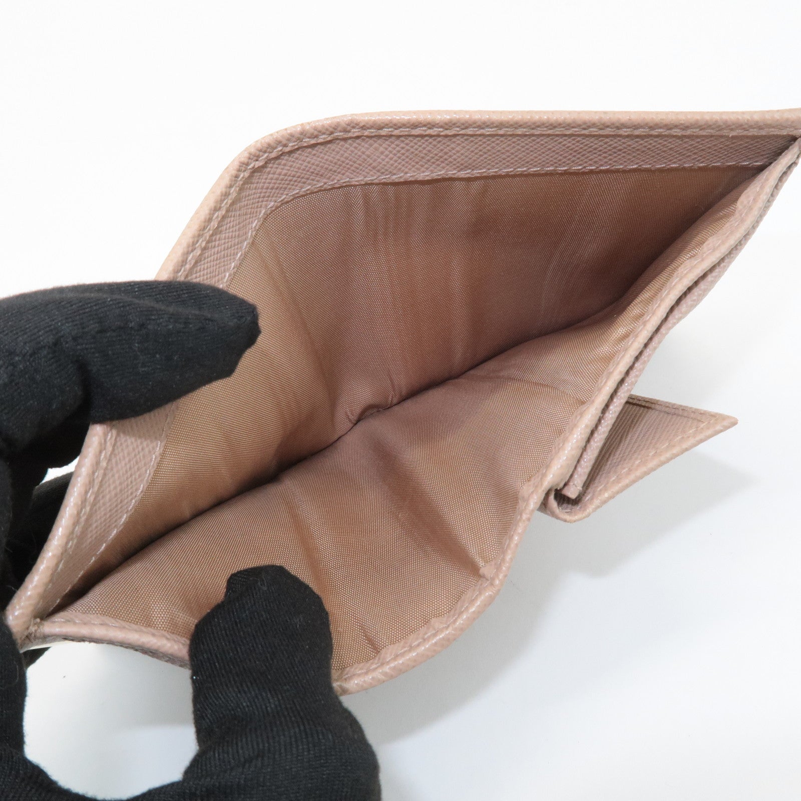 PRADA Logo Saffiano Leather Bi-Fold Small Wallet Beige 1MV204 Used