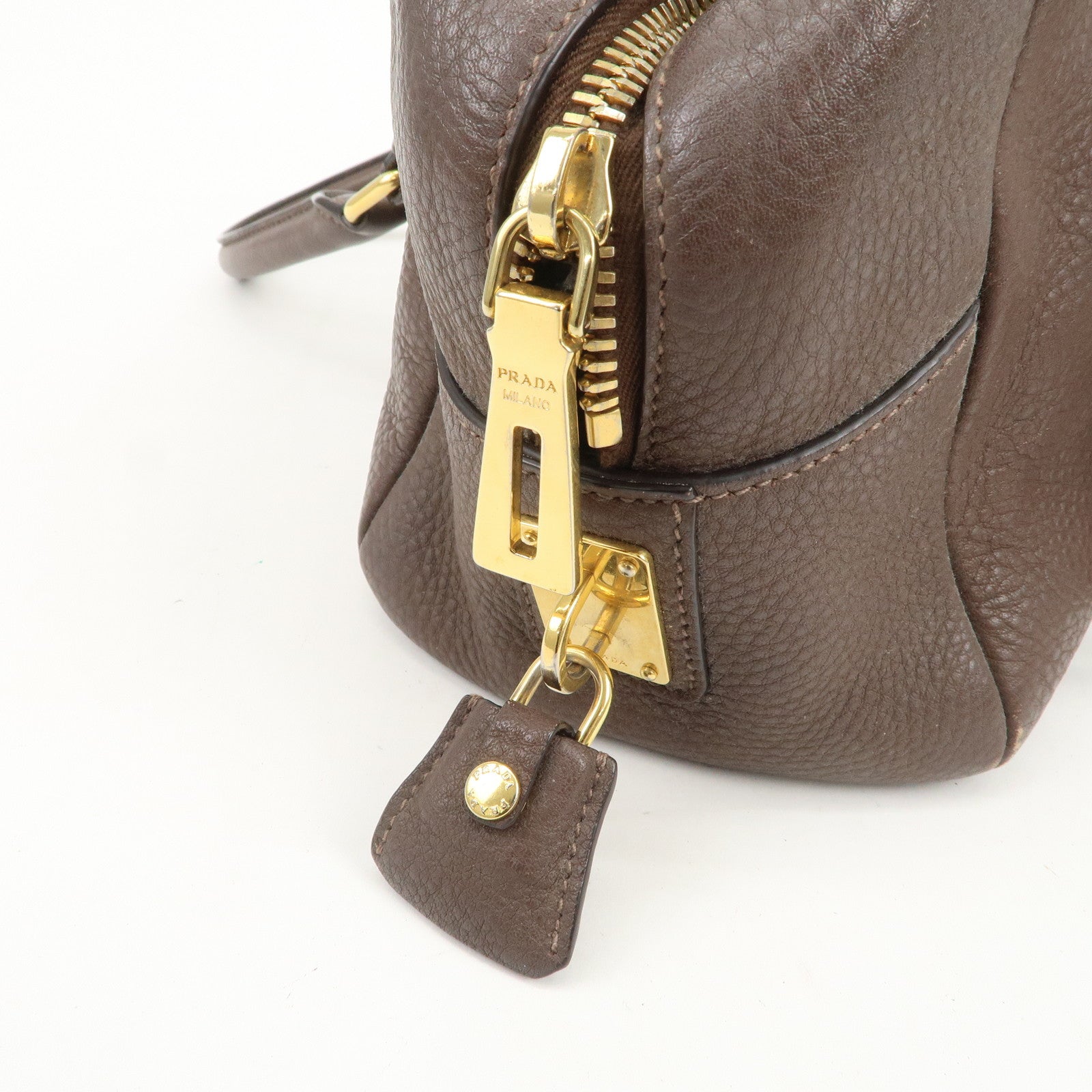PRADA Logo Leather Shoulder Bag Boston Bag Hand Bag Brown B3091M