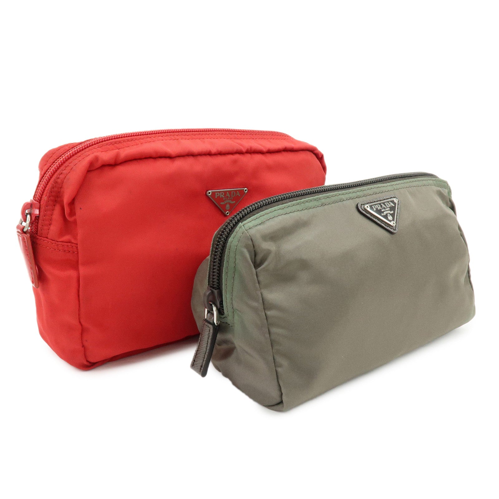 PRADA Triangle Logo Set of 2 Nylon Pouch Cosmetic Pouch Red Khaki