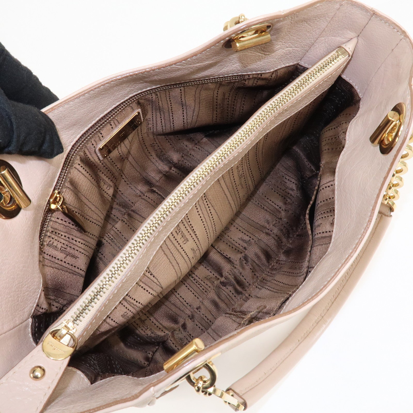 Ferragamo Leather Shoulder Bag Hand Bag Pink Beige Gold