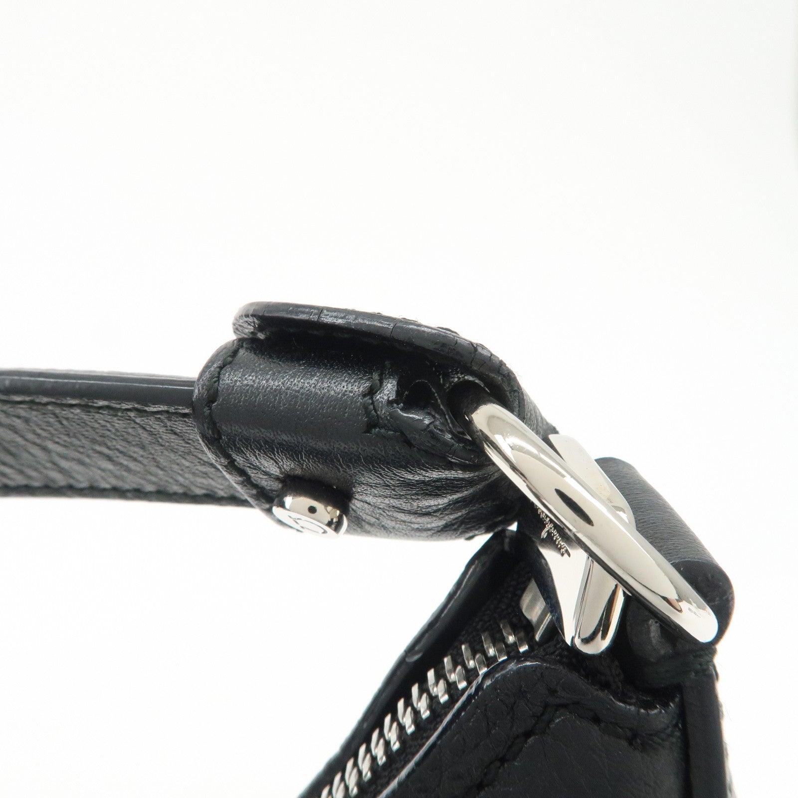 Ferragamo Gancini Leather Shoulder Bag Hand Bag Black Silver HDW