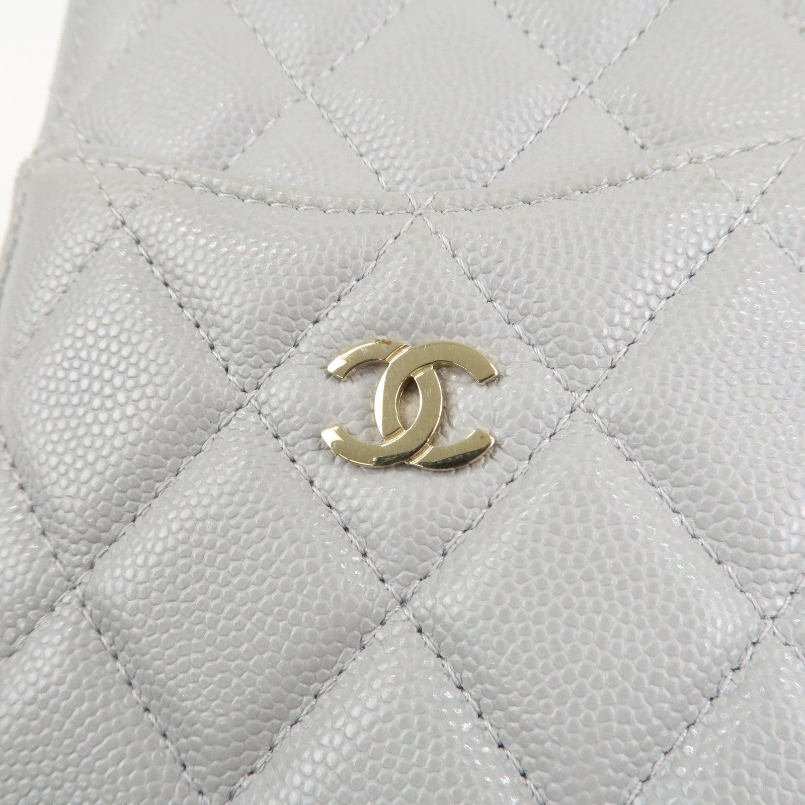 CHANEL Matelasse Caviar Skin Coco Mark Classic Pouch Card Case Gray Used