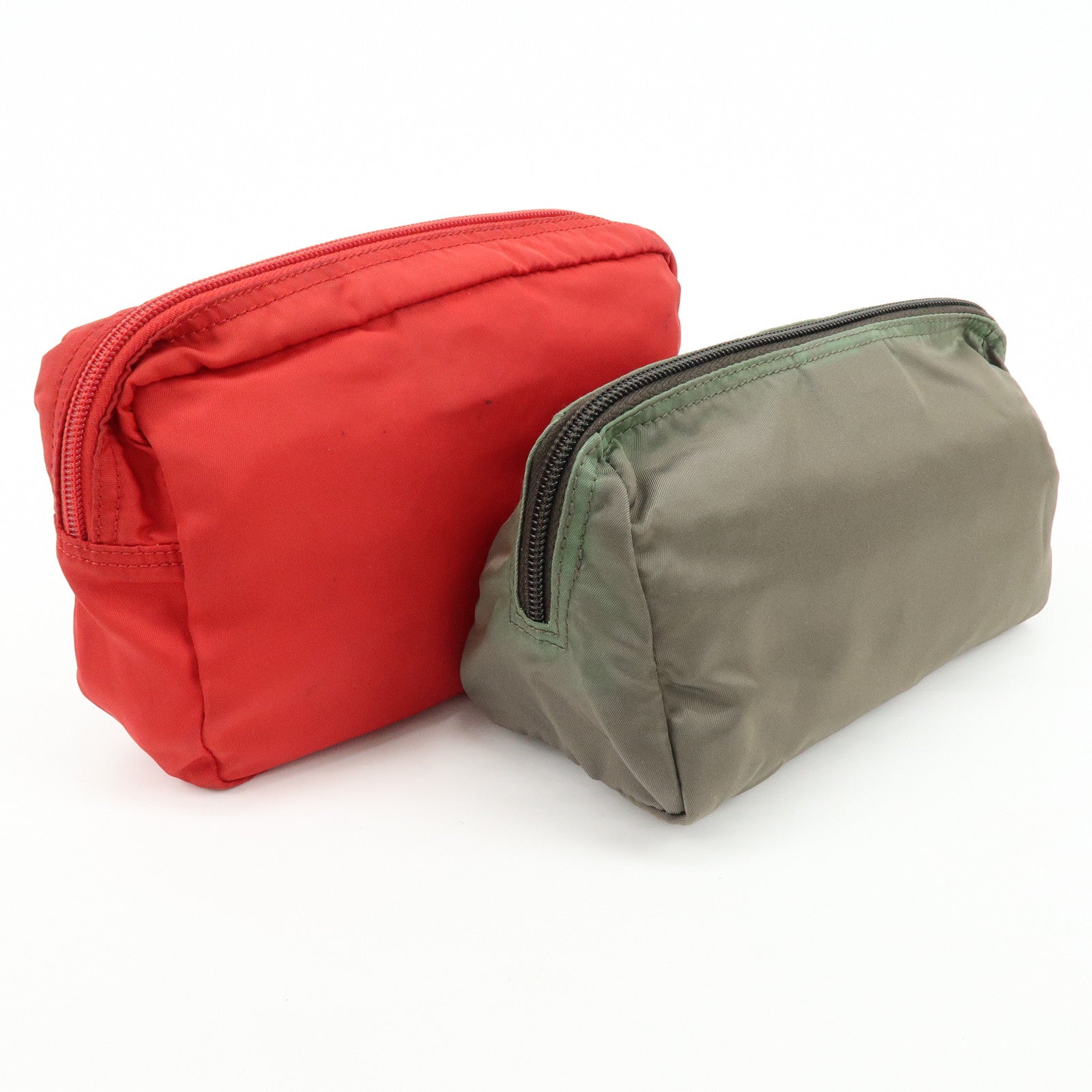 PRADA Triangle Logo Set of 2 Nylon Pouch Cosmetic Pouch Red Khaki