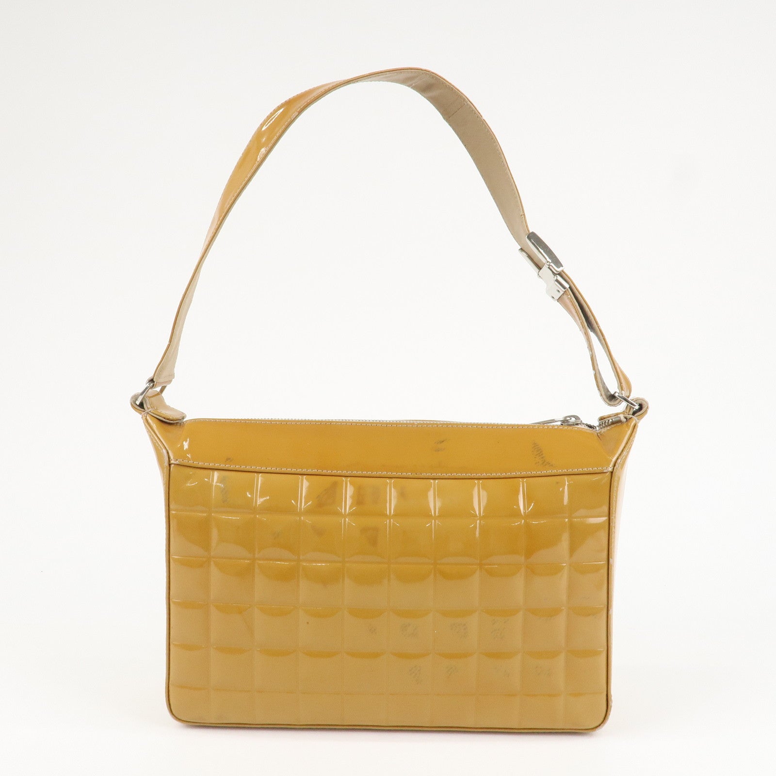 CHANEL COCO Mark Chocolate Bar Patent Leather Shoulder Bag Beige Used