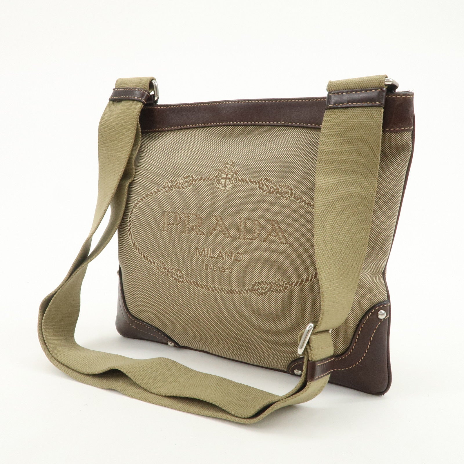 PRADA Logo Jacquard Leather Shoulder Bag Beige Brown BT0537