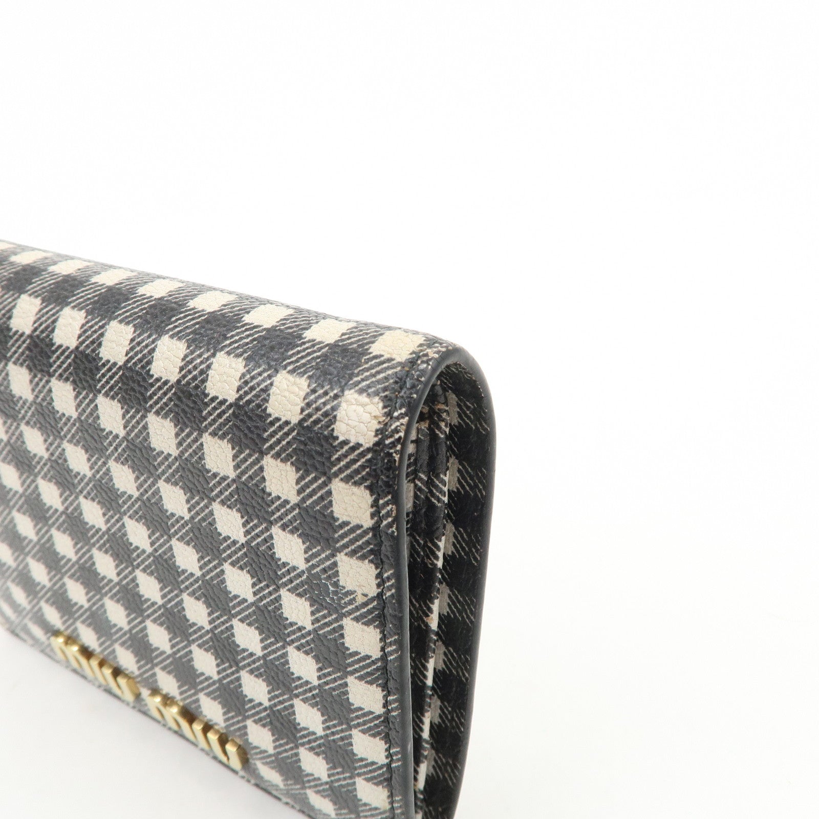 MIU MIU Plaid Leather Compact Bi-fold Wallet Black Ivory 5MV204