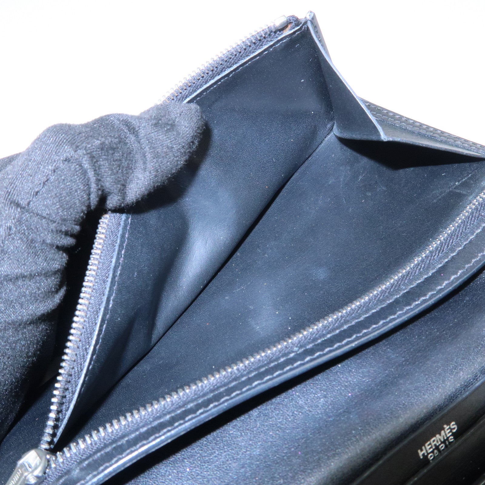 HERMES Box Calf Leather Beant Classic Long Wallet Black