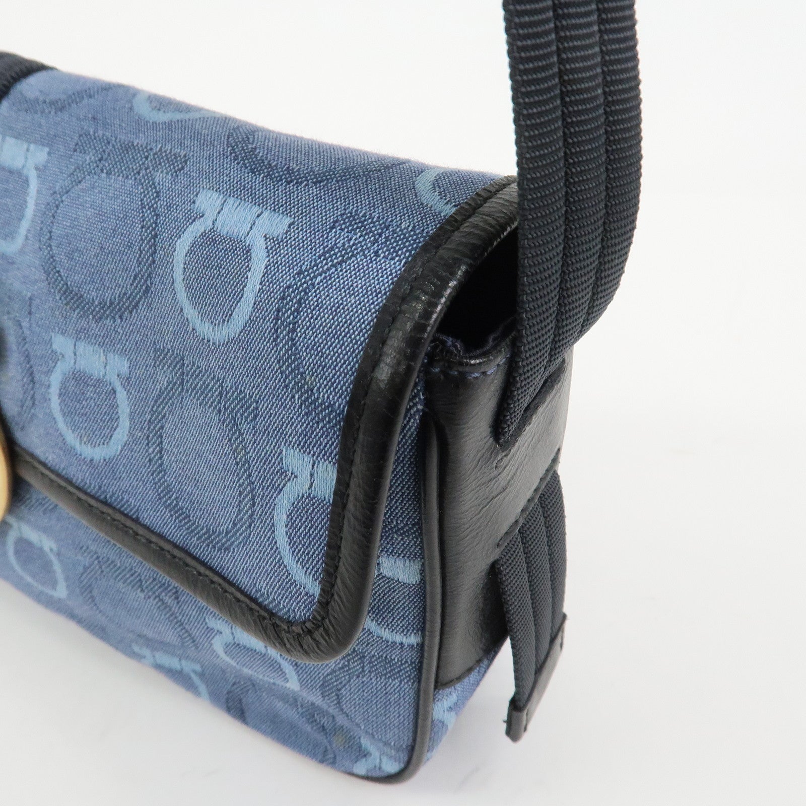 Ferragamo Gancini Canvas Leather Shoulder Bag Blue Black