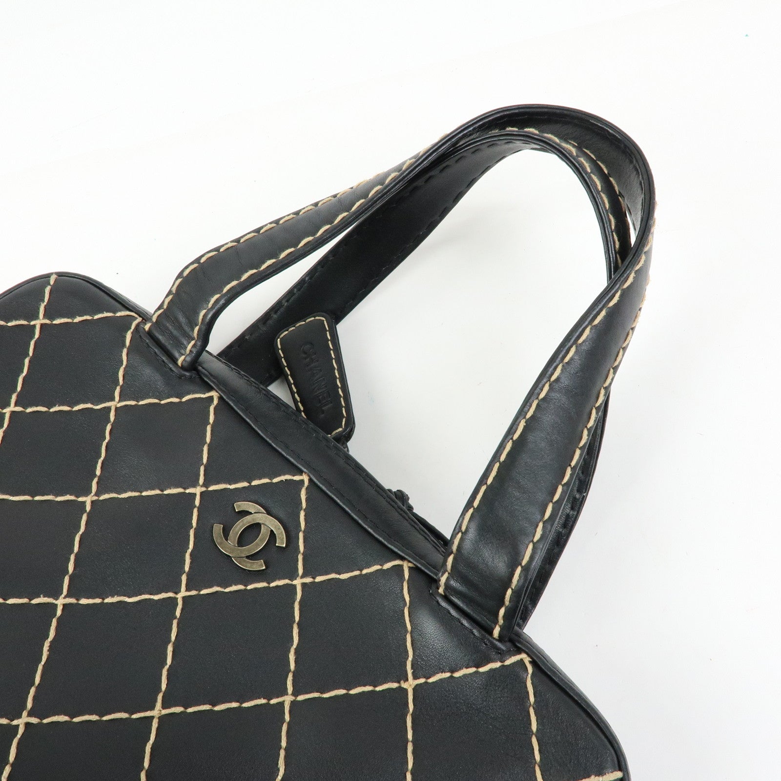 CHANEL Wild Stitch COCO Mark Leather Hand Bag Tote Bag Black A14693