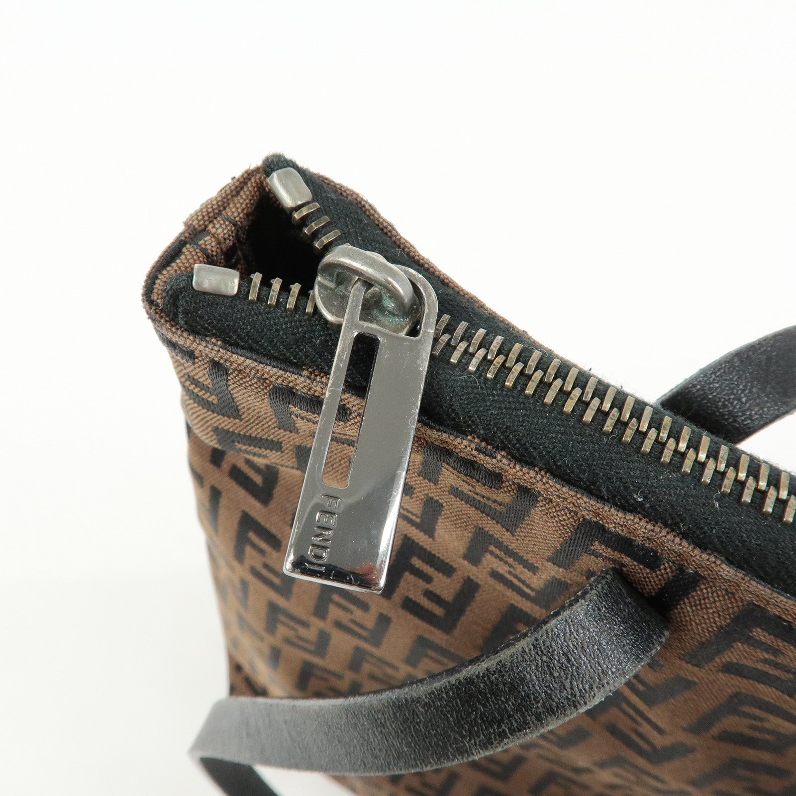 FENDI Zucchino Canvas Leather Tote Bag Hand Bag Brown Black 8BH022