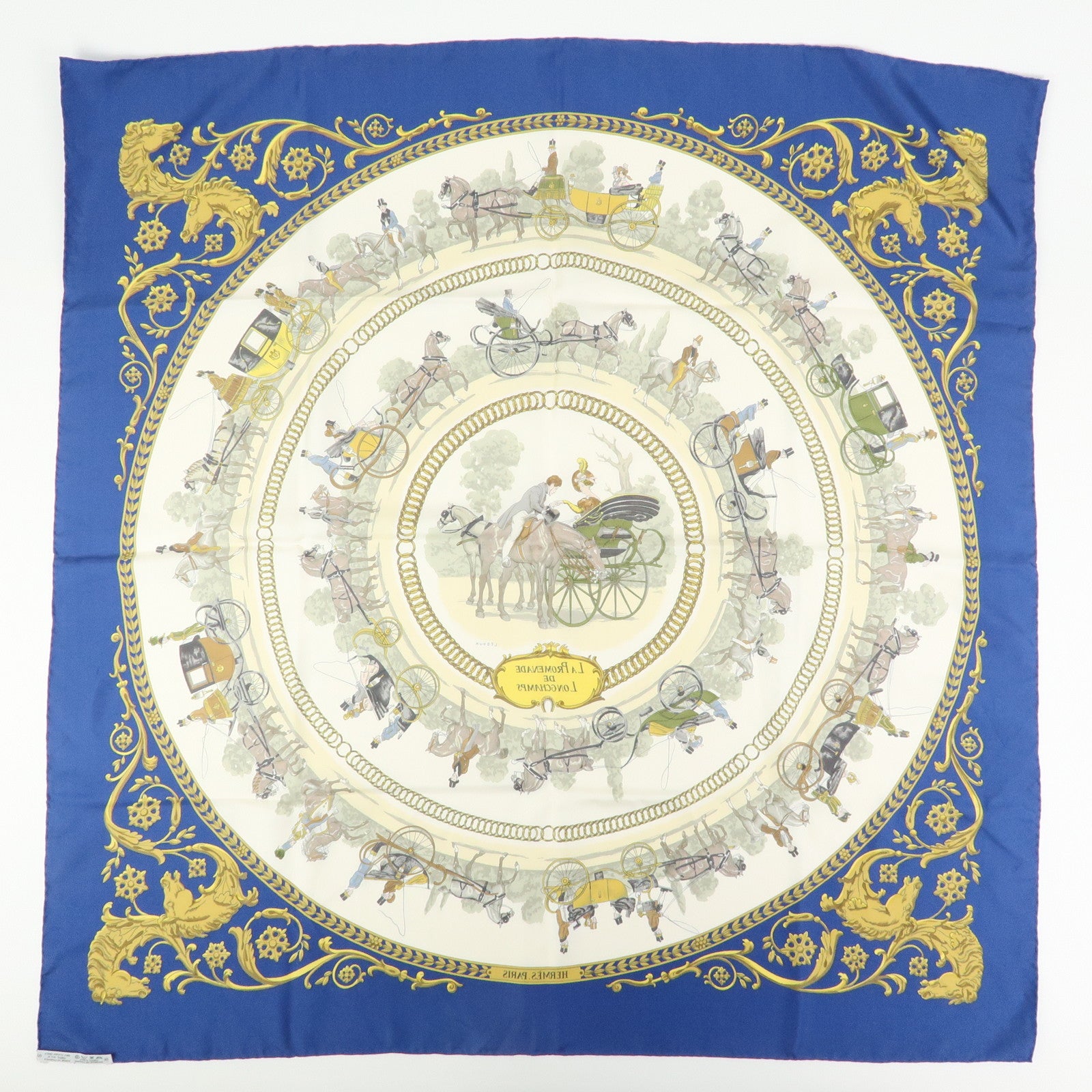 HERMES Carre 90 Silk 100% Scarf LA PROMENADE DE LONGCHAMPS Navy