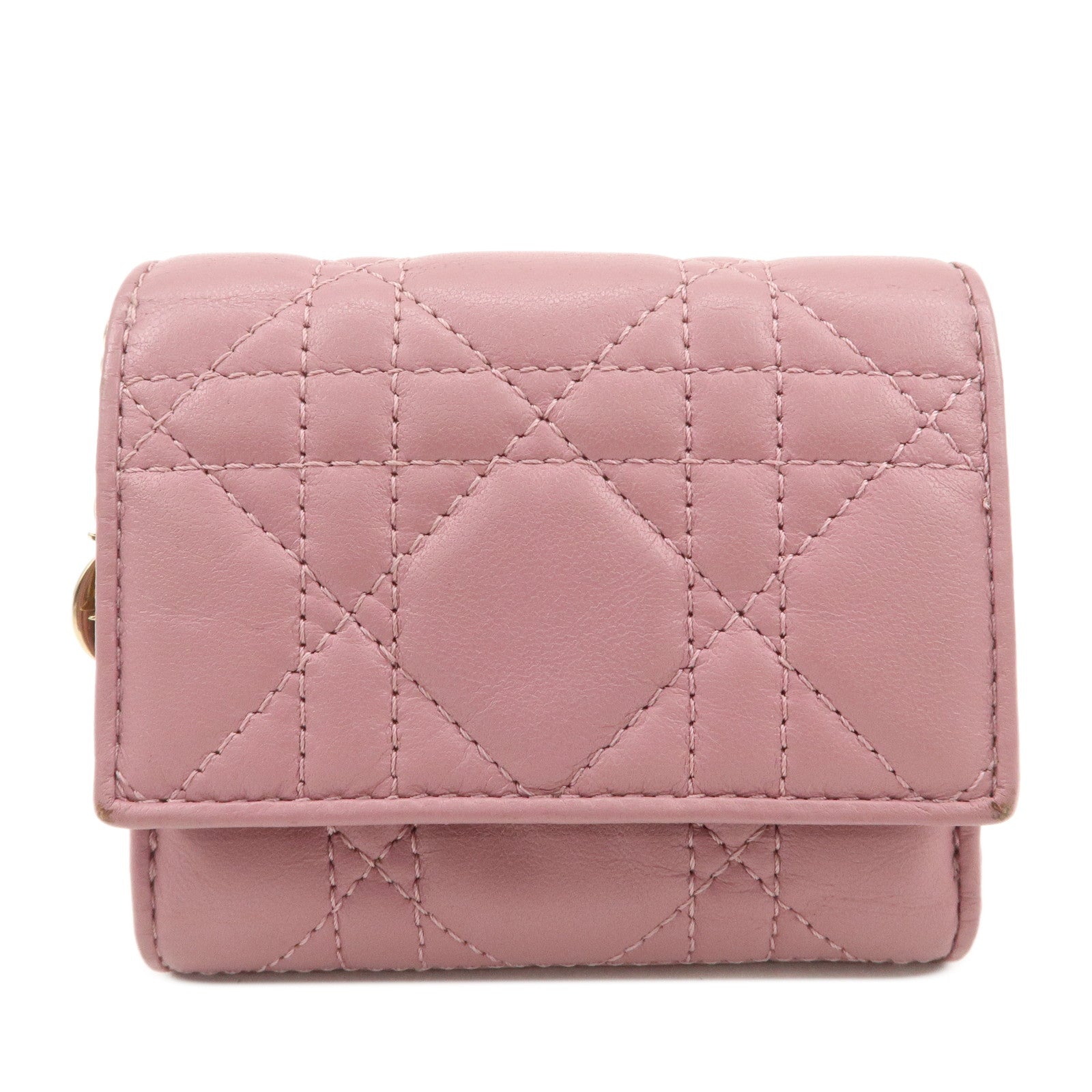 Christian Dior Cannage Leather Tri-fold Compact Wallet Pink