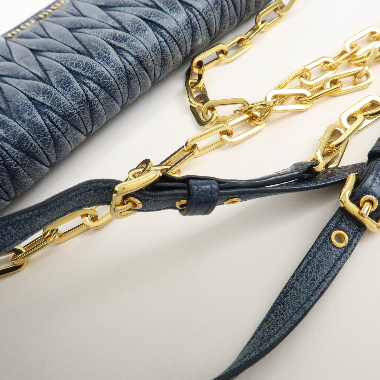 MIU MIU Matelasse Logo Leather Chain Shoulder Wallet Blue 5M1290