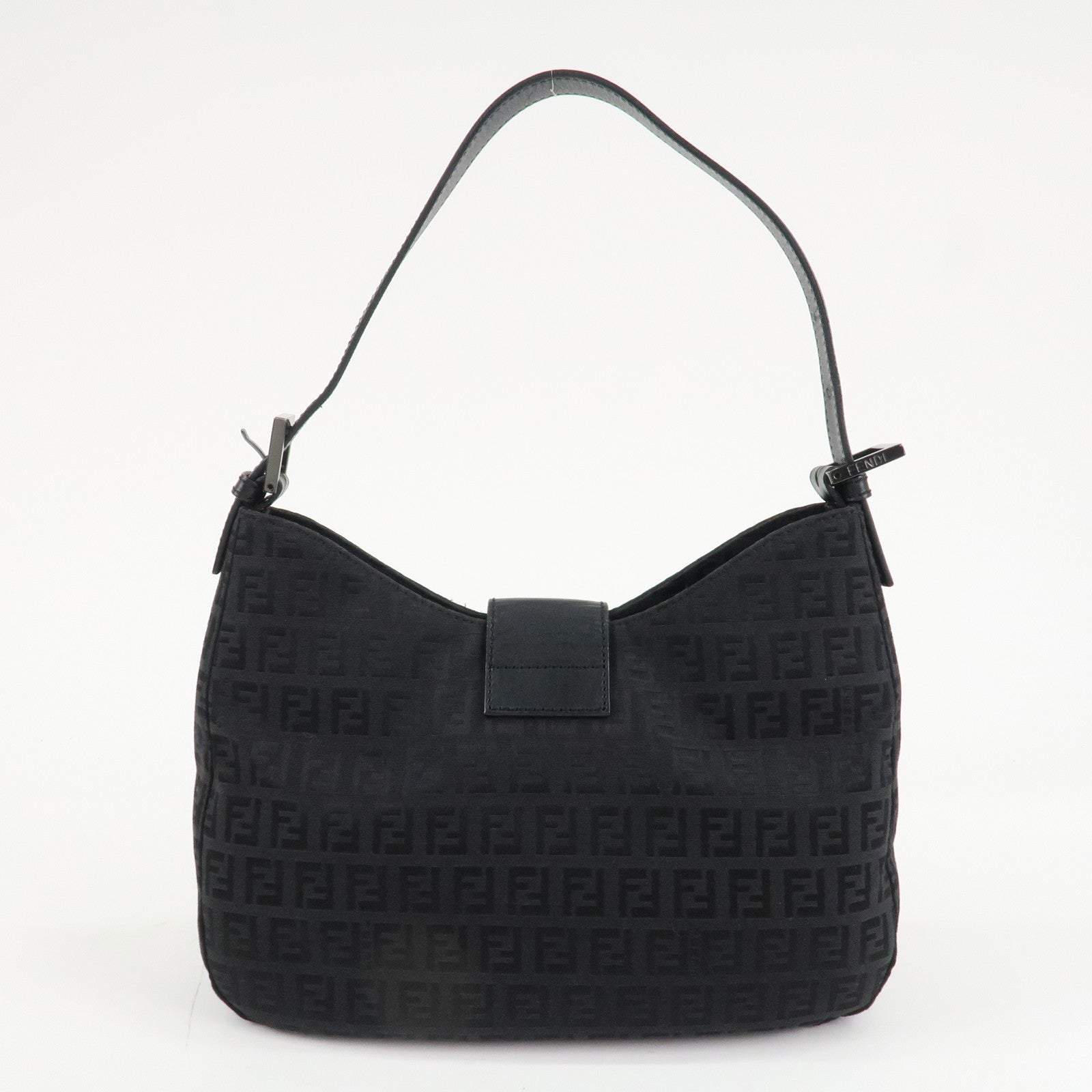 FENDI Zucchino Leather Canvas Shoulder Bag Black Used