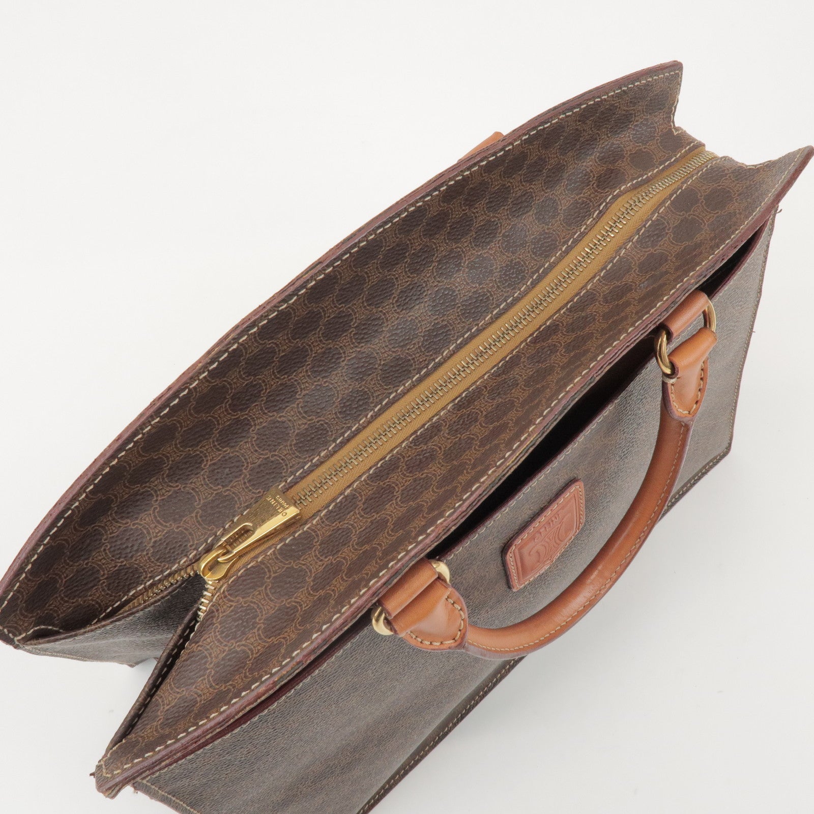 CELINE Macadam PVC Coated Canvas Leather Hand Bag Tote Bag Brown