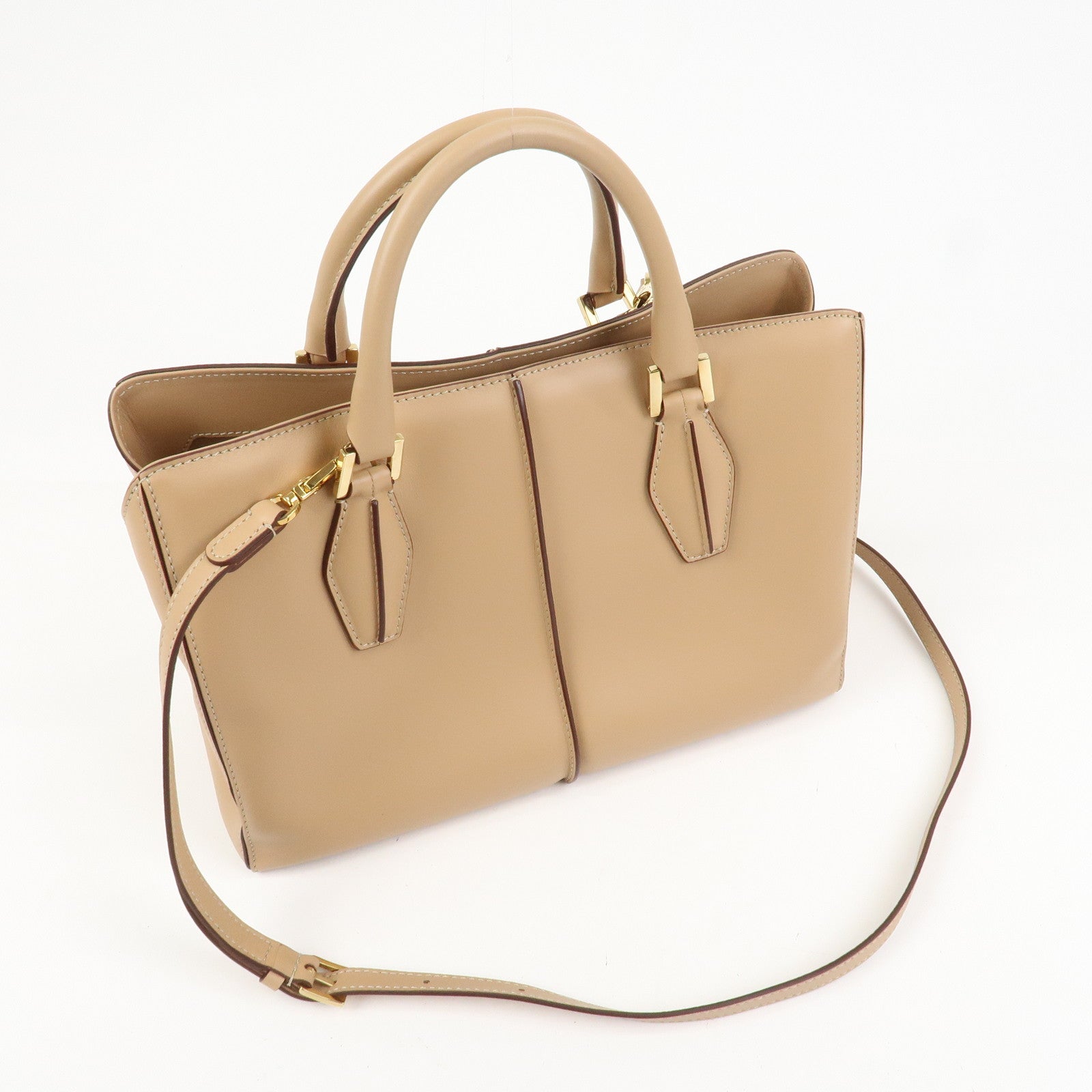TOD’S Leather 2Way Bag Hand Bag Shoulder Bag Beige Gold