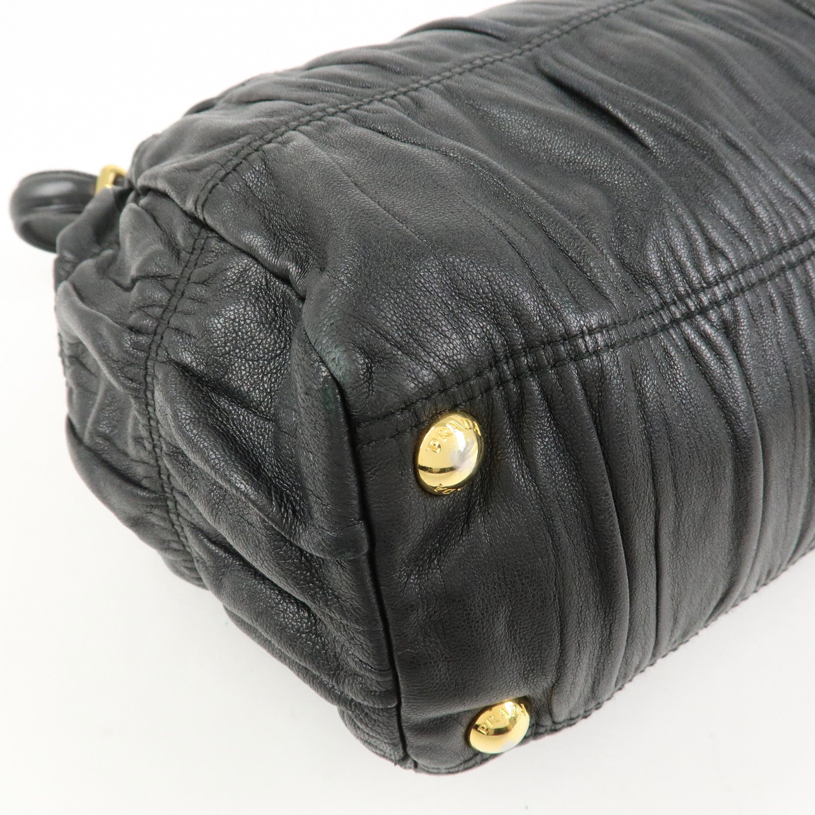 PRADA Logo Nappa Leather Gathered Shoulder Bag Hand Bag Black
