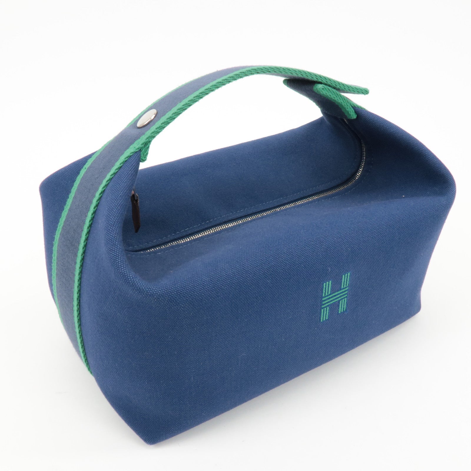 HERMES Canvas Bride A Brac GM Hand Bag Cosmetic Pouch Green Navy Used