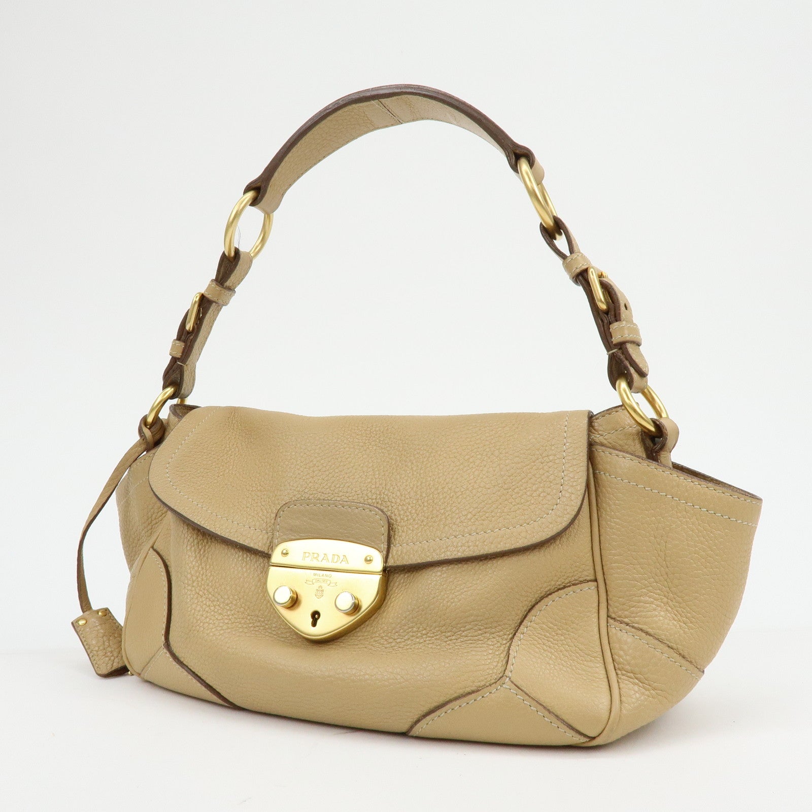 PRADA Logo Leather Shoulder Bag Hand Bag Light Brown BR3869