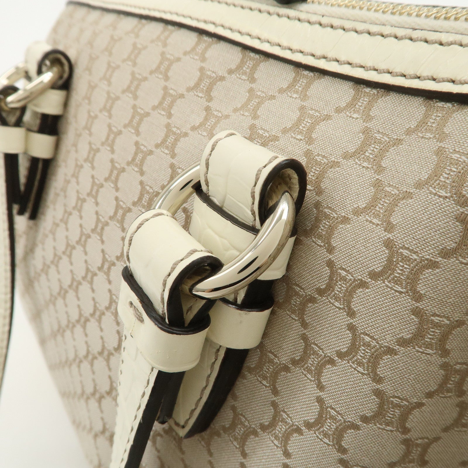 CELINE Macadam Canvas Leather Boston Bag Hand Bag Beige Ivory