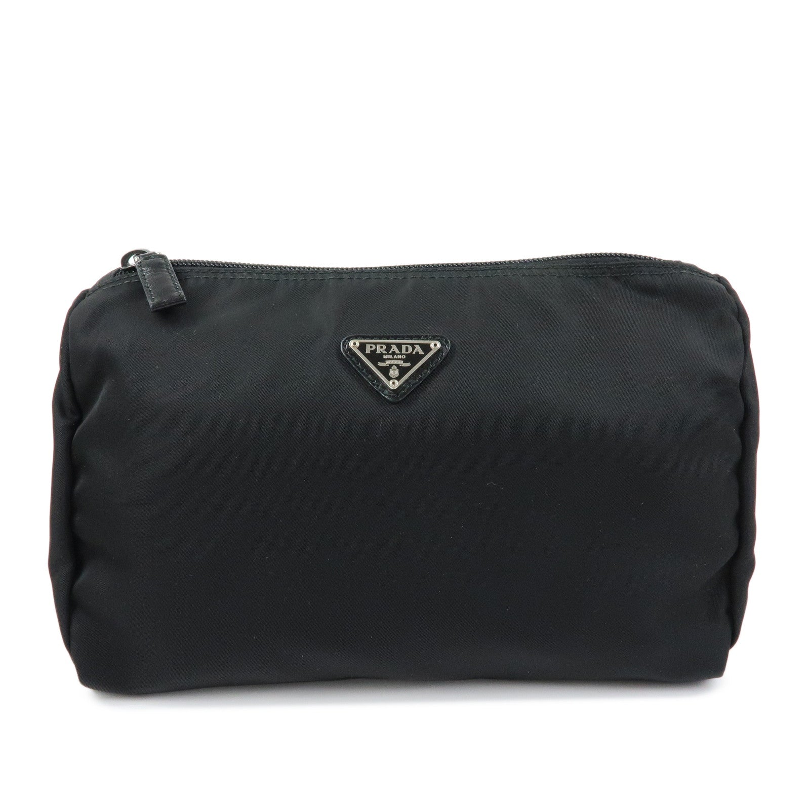PRADA Triangle Logo Nylon Cosmetic Pouch Makeup Bag Black