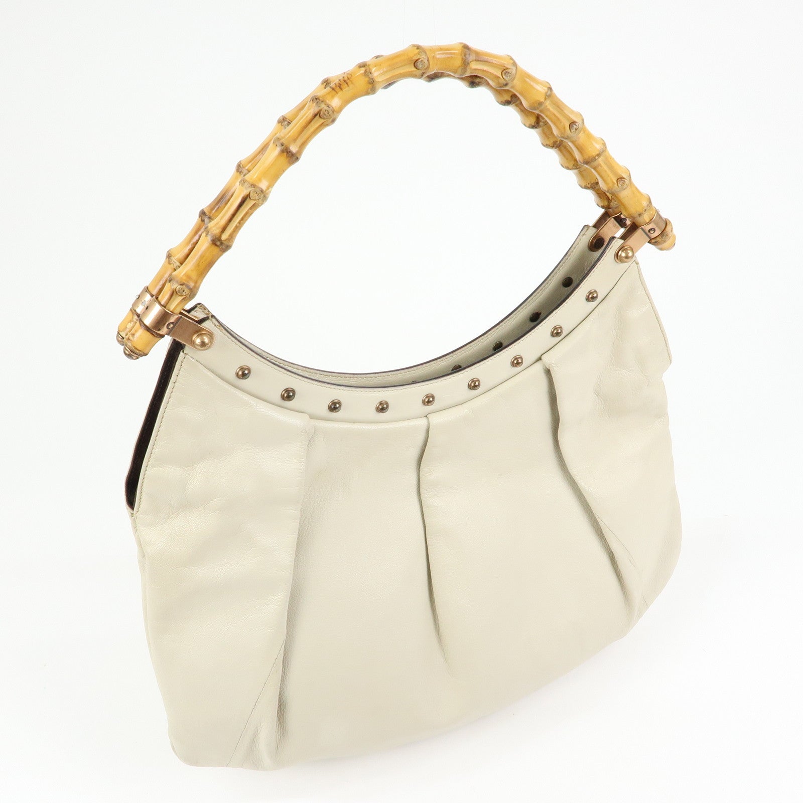 GUCCI Bamboo Leather Hand Bag Shoulder Bag Ivory 124293