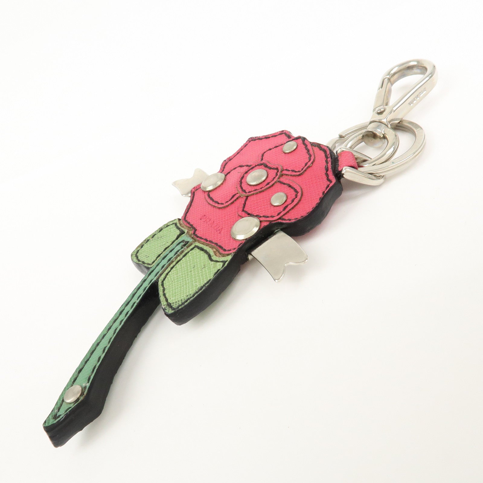 PRADA Rose Motif Leather Bag Charm Key Chain Red Green 1AR290
