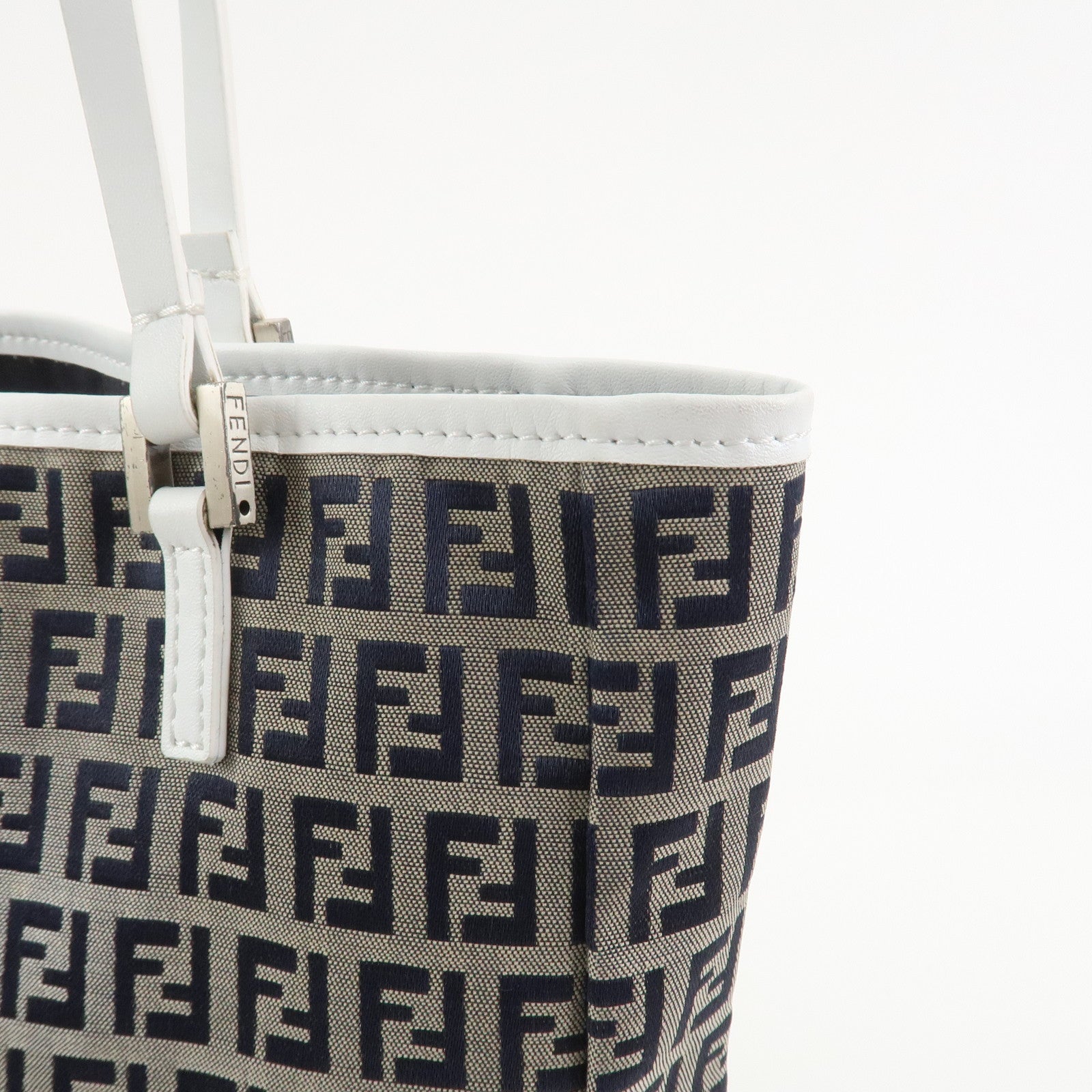 FENDI Zucchino Canvas Leather Tote Bag Hand Bag Navy 8BH006