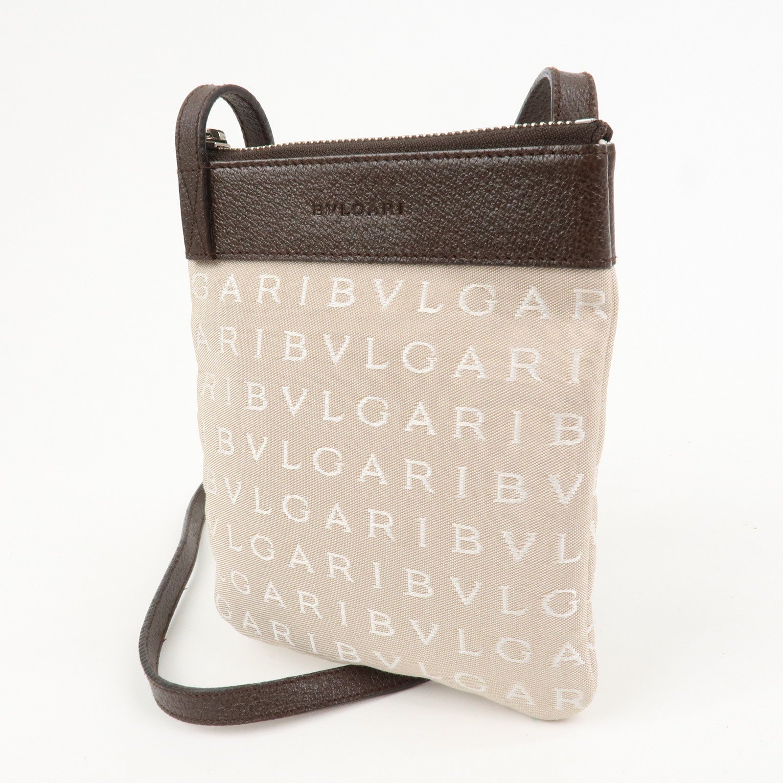 BVLGARI Logo Mania Canvas Leather Shoulder Bag Beige Brown 22588