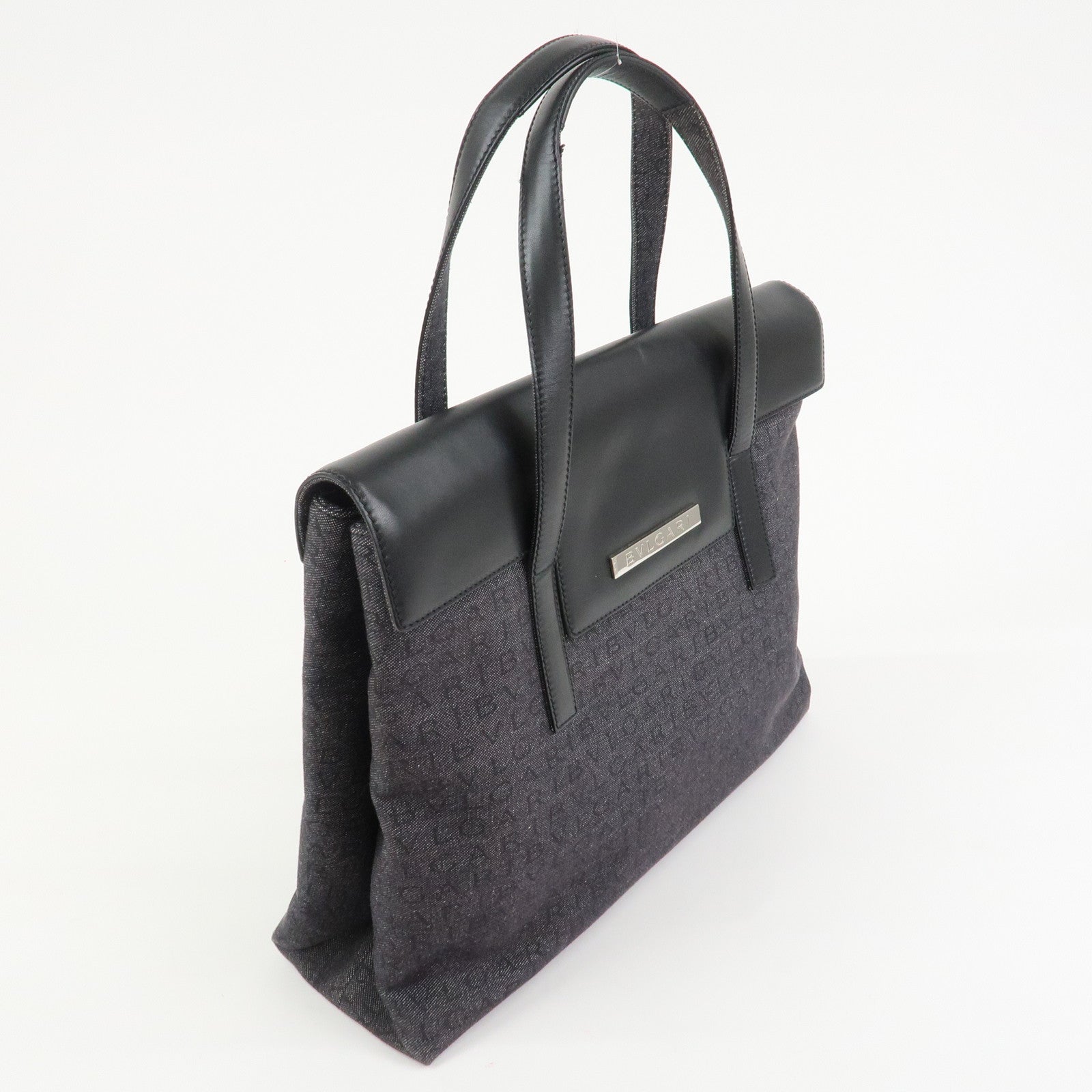 BVLGARI Logo Mania Canvas Leather Tote Bag Hand Bag Black