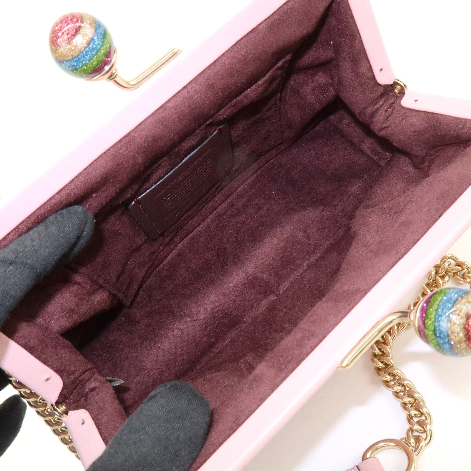 COACH Leather Kiss Lock Chain Shoulder Bag Crossbody Bag Pink