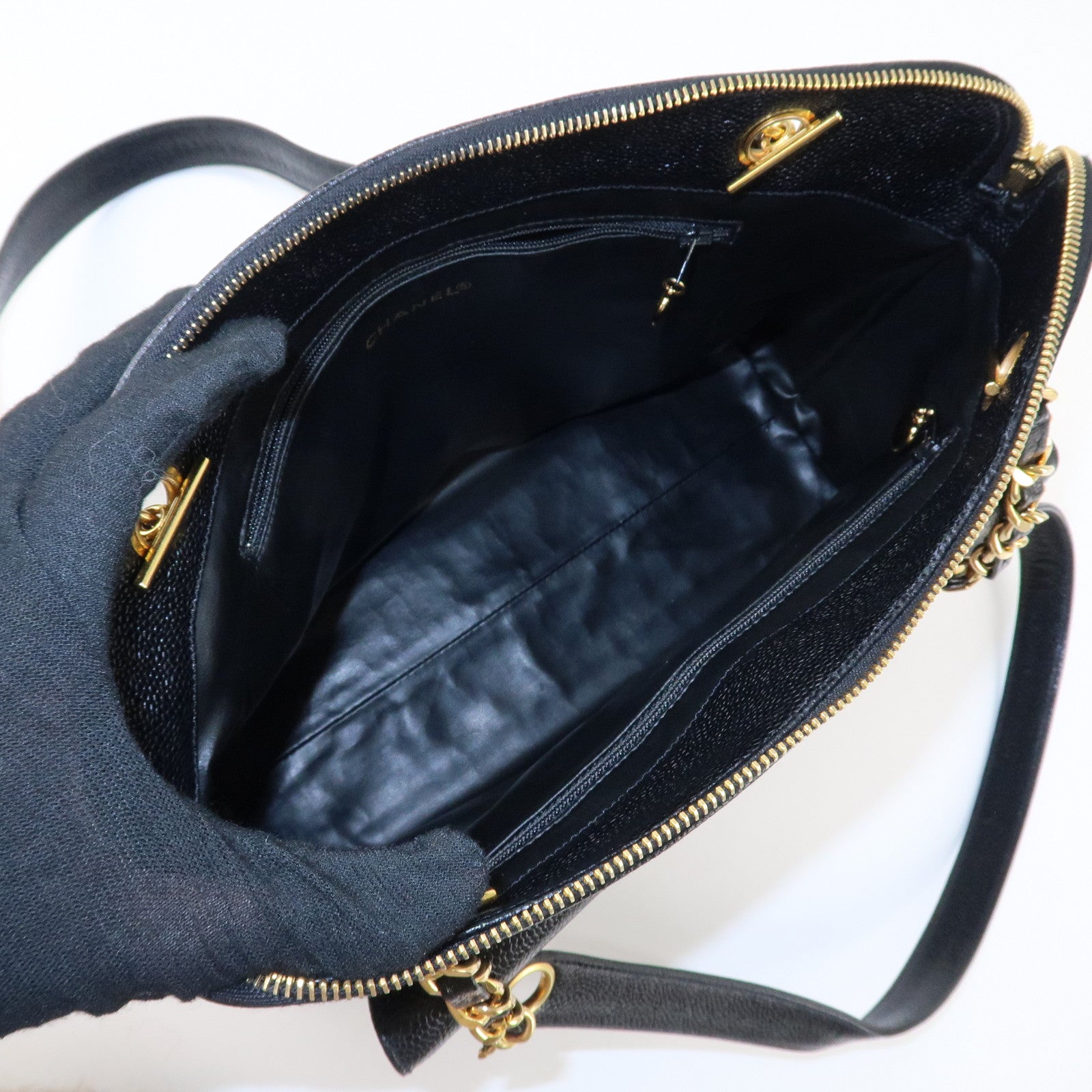 CHANEL Caviarskin COCO Mark Turnlock Chain Shoulder Bag Black Gold HDW Used