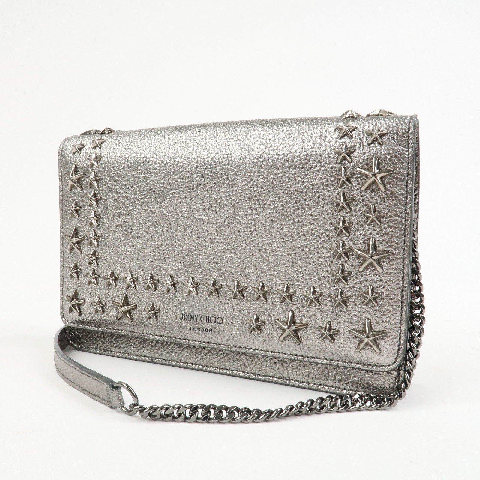 JIMMY CHOO 2Way Leather Chain Shoulder Bag Crossbody Bag Silver