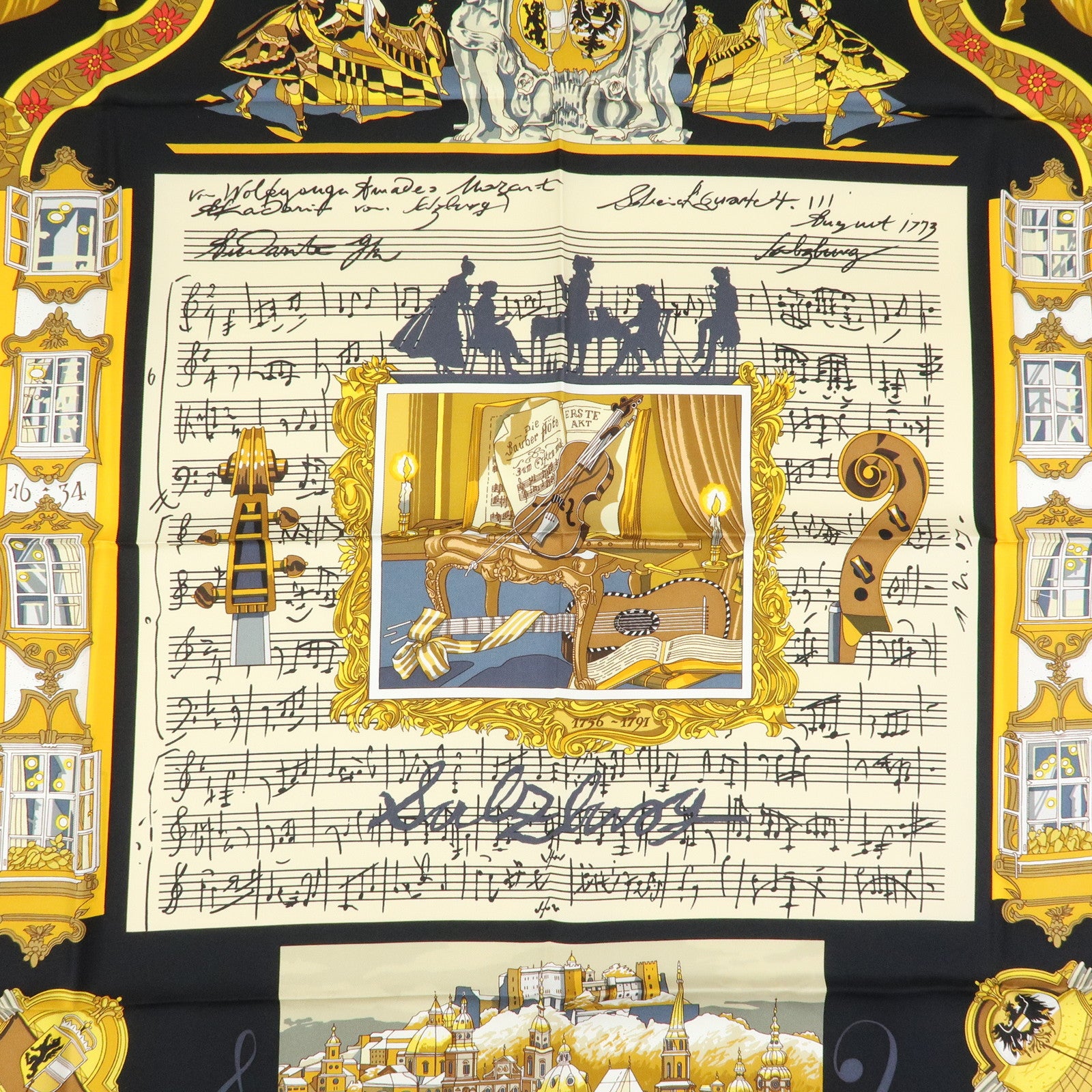 HERMES Carre 90 Silk 100% Scarf IN SALZBURG Black Gold
