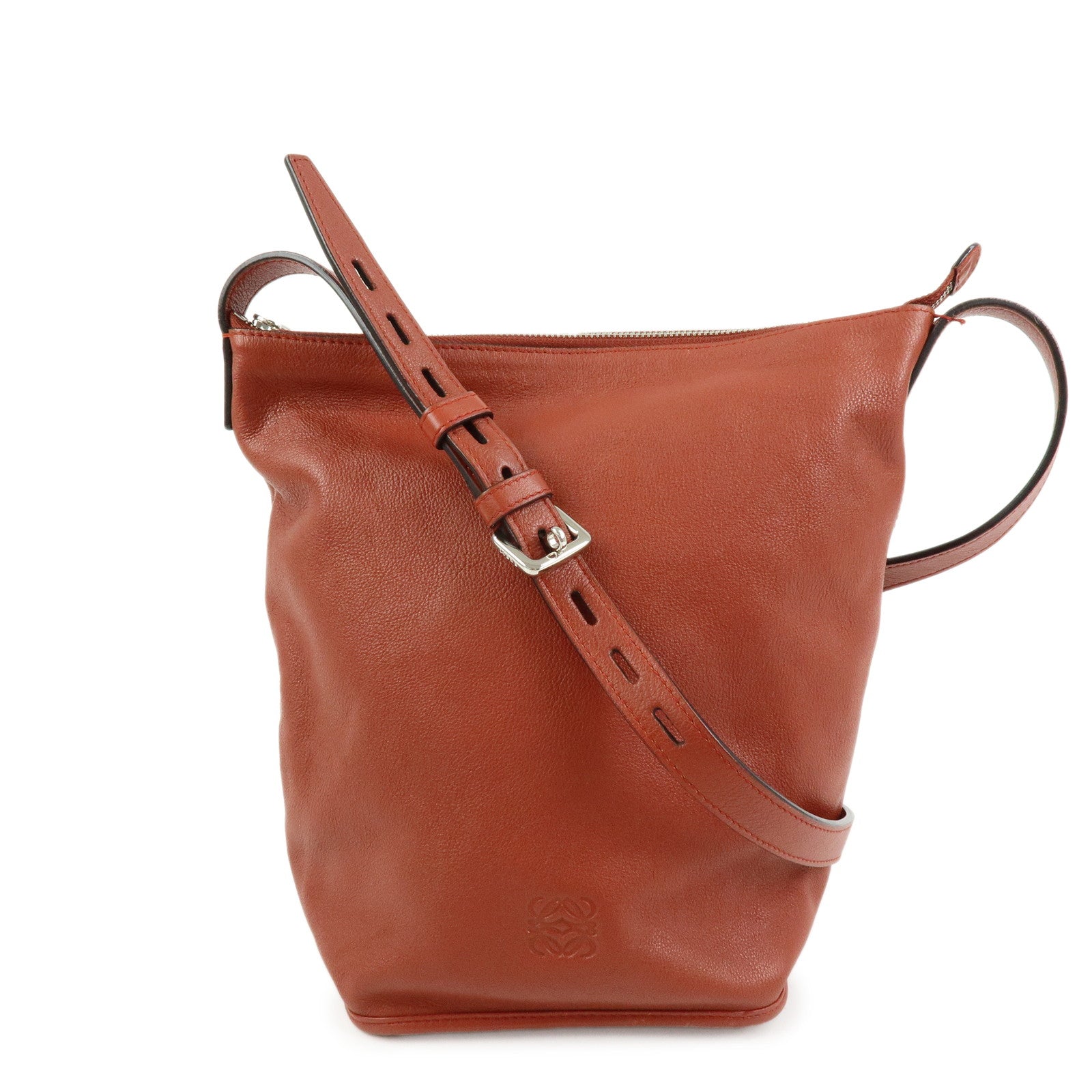 LOEWE Anagram Calf Leather Shoulder Bag Red Brown