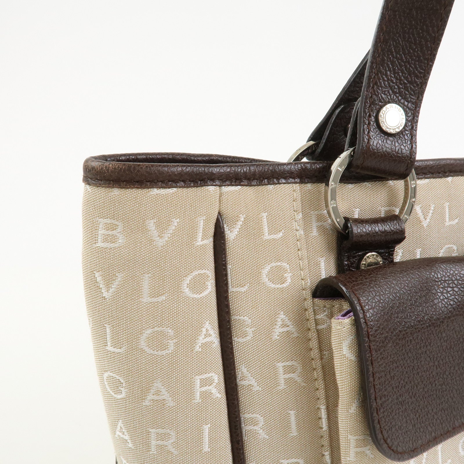 BVLGARI Logo Mania Canvas Leather Tote Bag Hand Bag Beige Brown