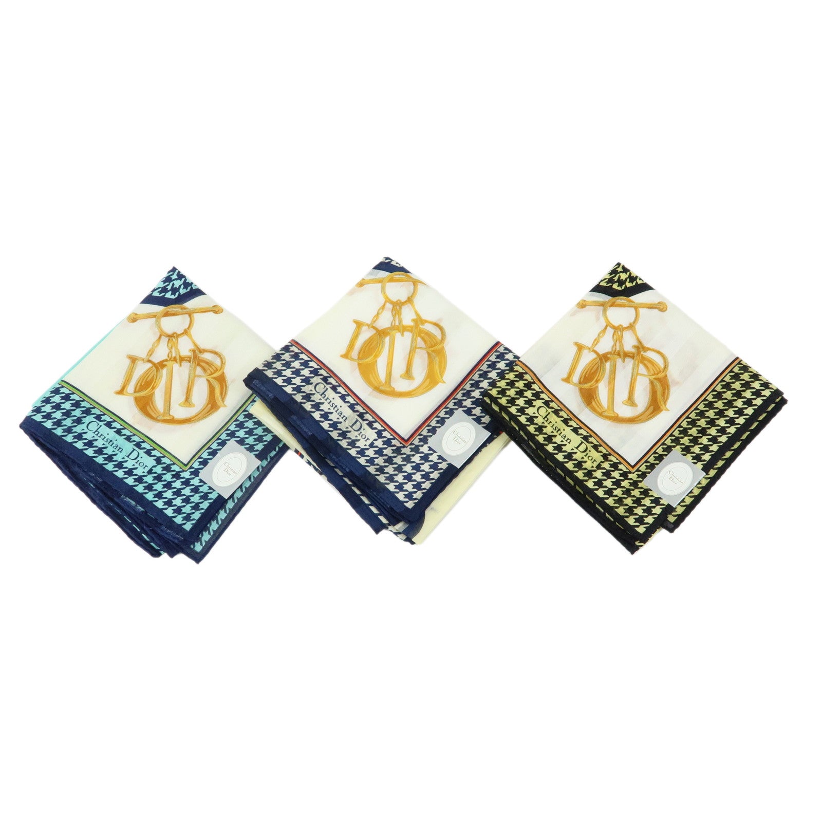 Christian Dior Set of 3 Cotton 100% Handkerchief Blue Yellow Navy