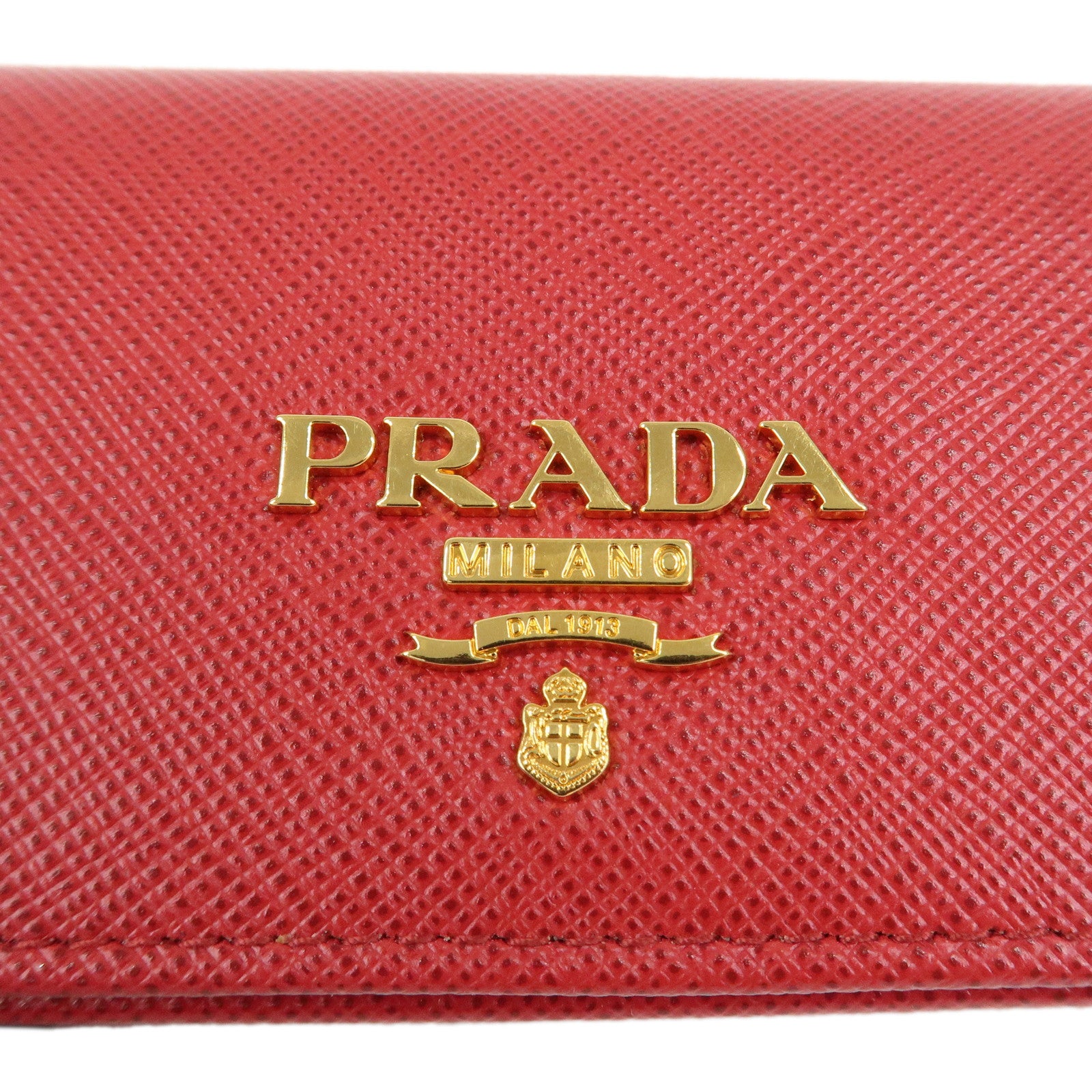 PRADA Logo Saffiano Leather Card Case Red Gold 1MC122
