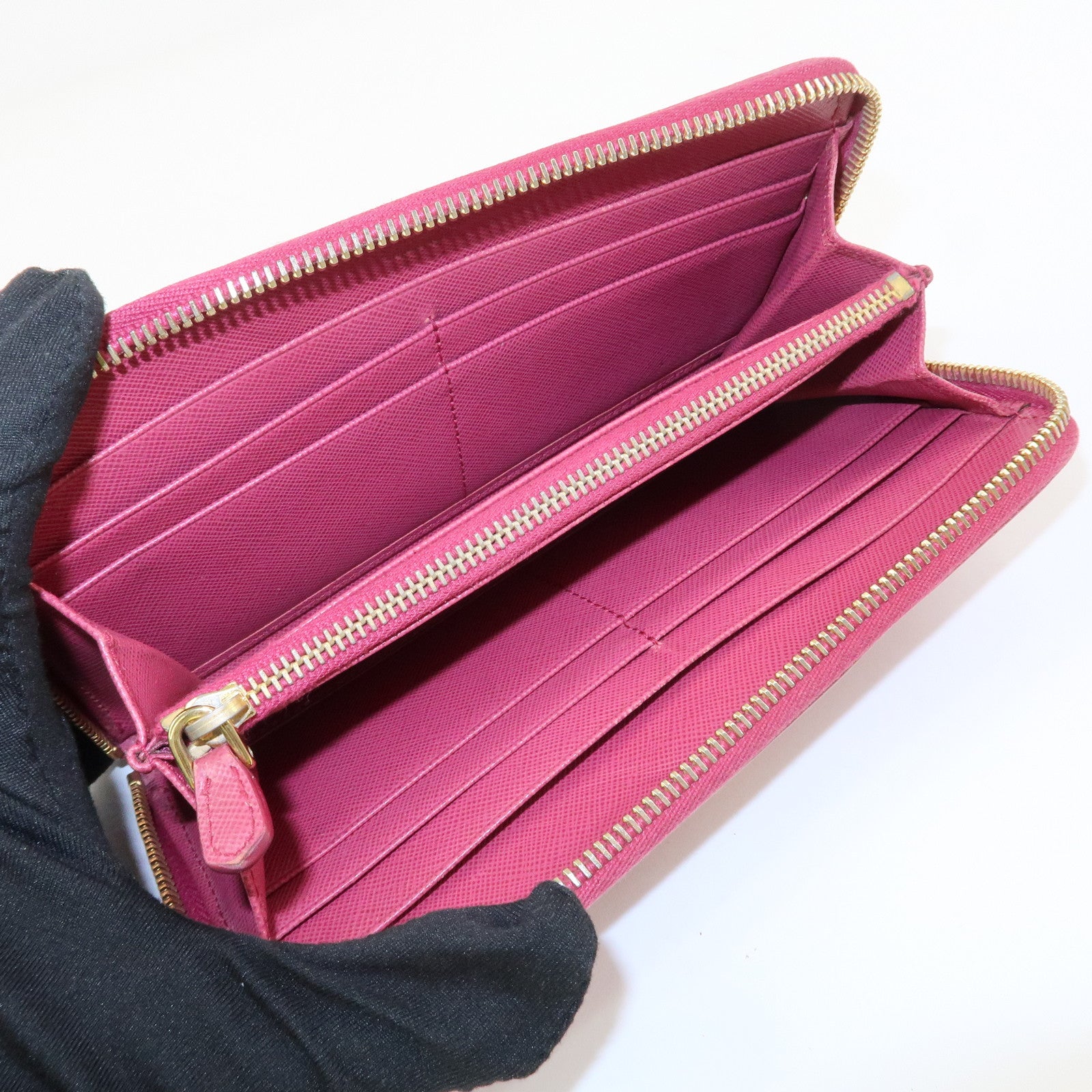 PRADA Logo Saffiano Leather Round Zippy Long Wallet Pink 1M0506 Used