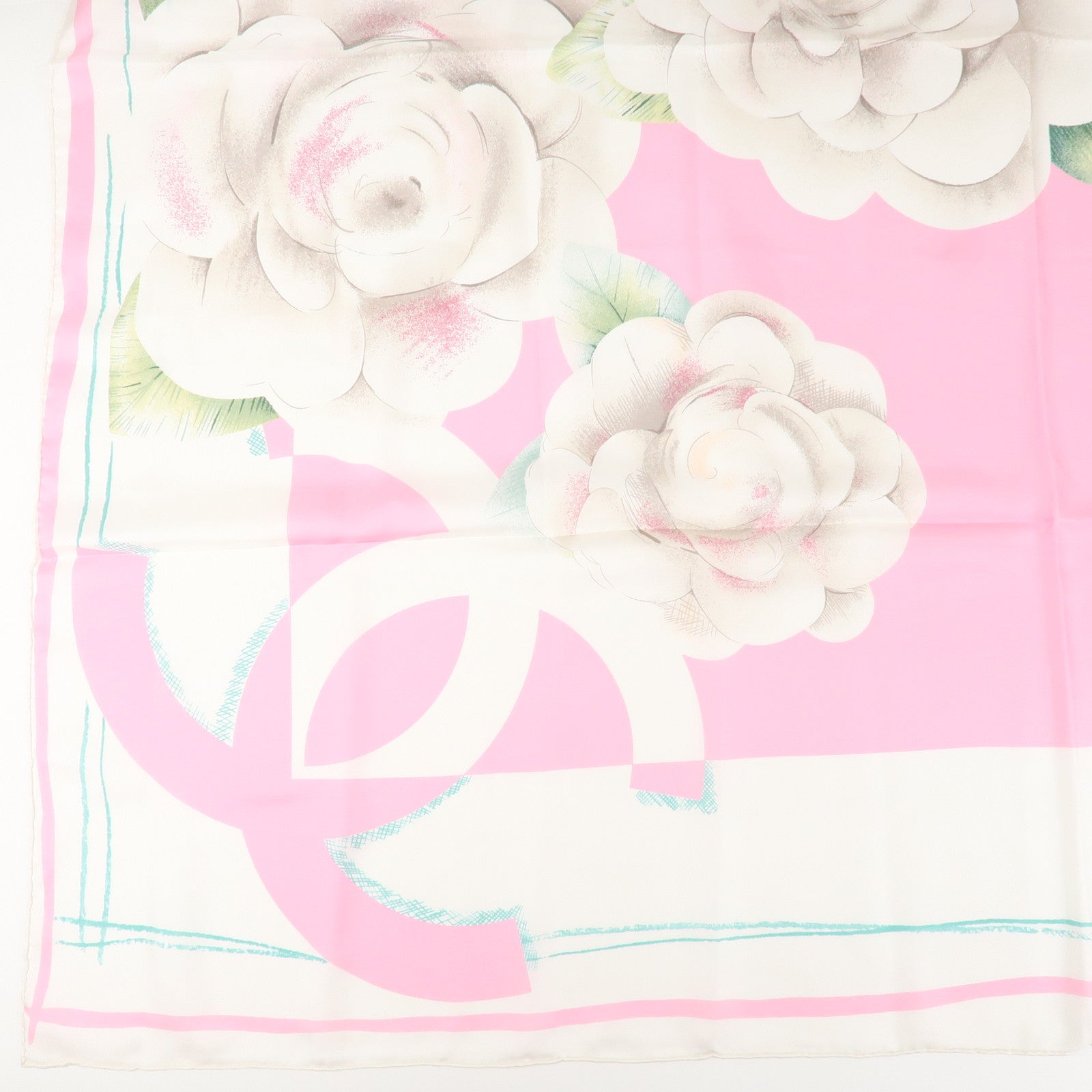 CHANEL COCO Mark Silk 100 % Scarf Pink White Used