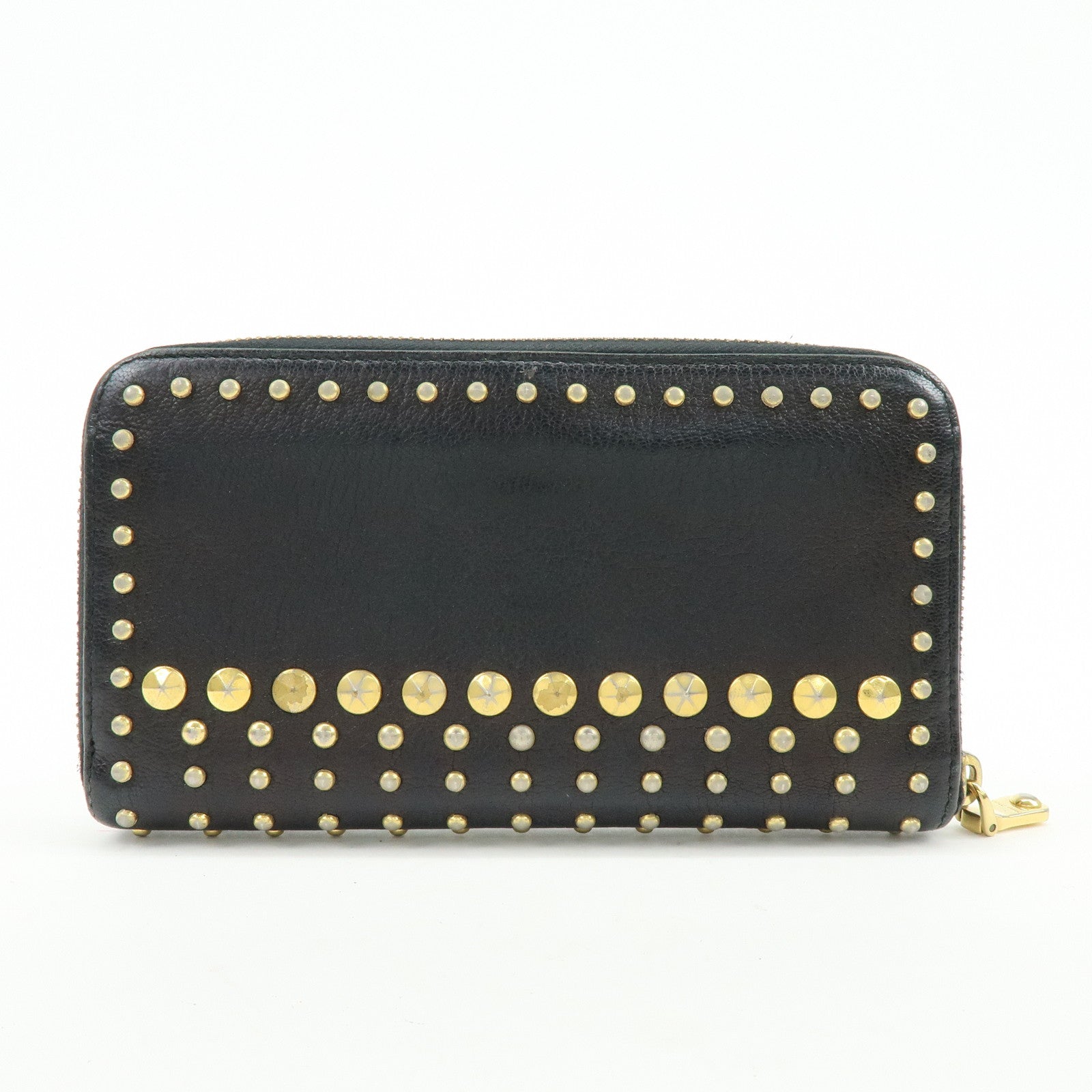 MIU MIU Logo Leather Studs Zippy Long Wallet Black 5M0506