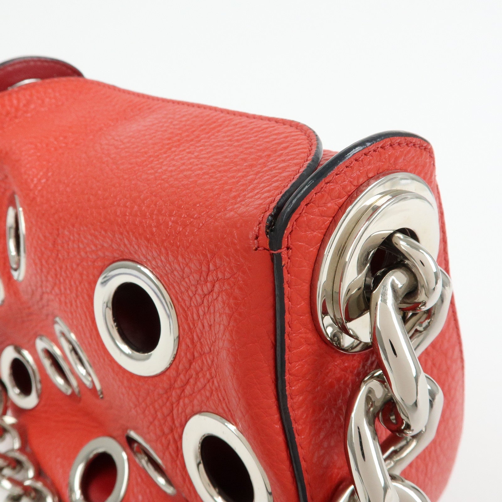 PRADA Grommet Leather Chain Shoulder Bag Hand Bag Red