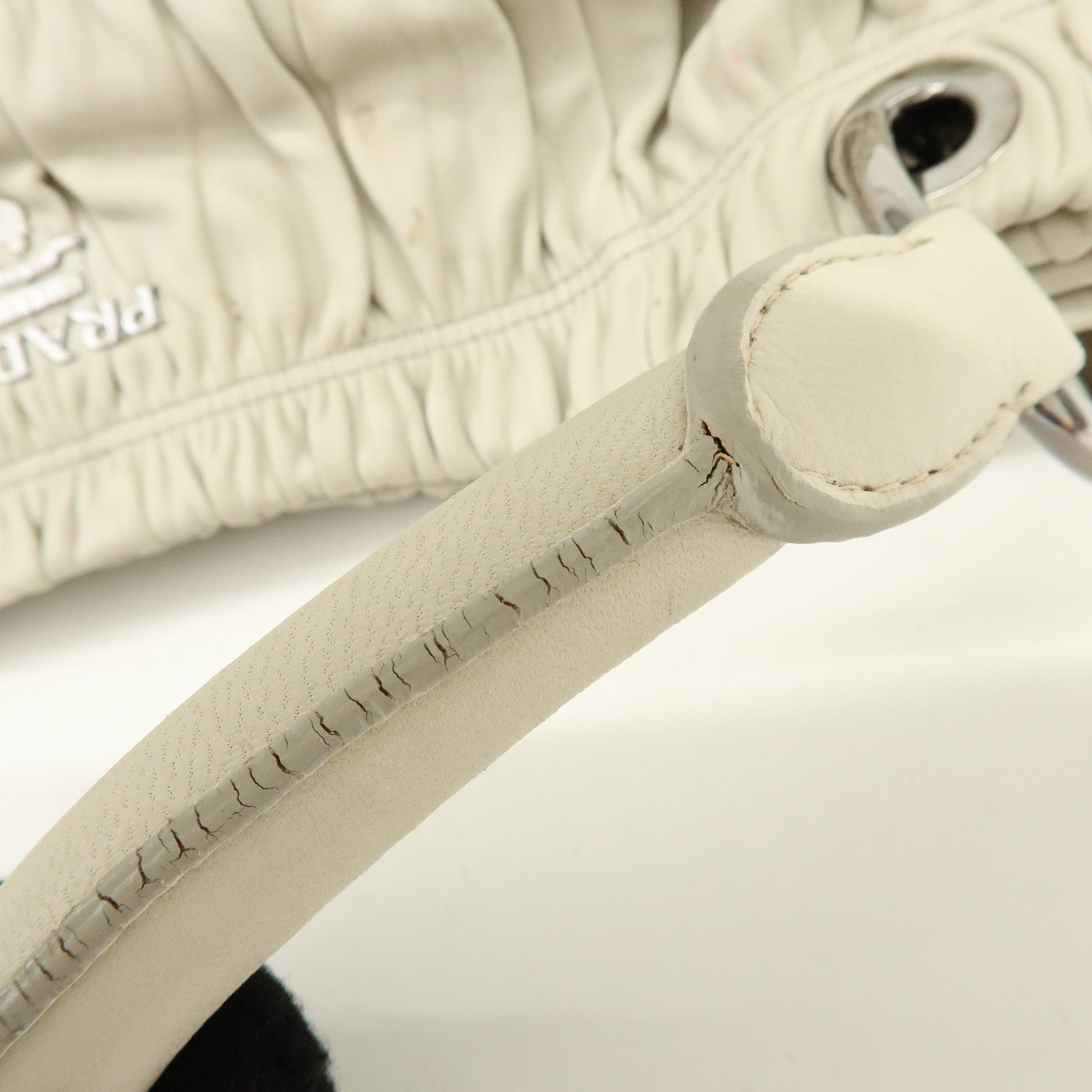 PRADA Gathered Leather Shoulder Bag Hand Bag Light Beige